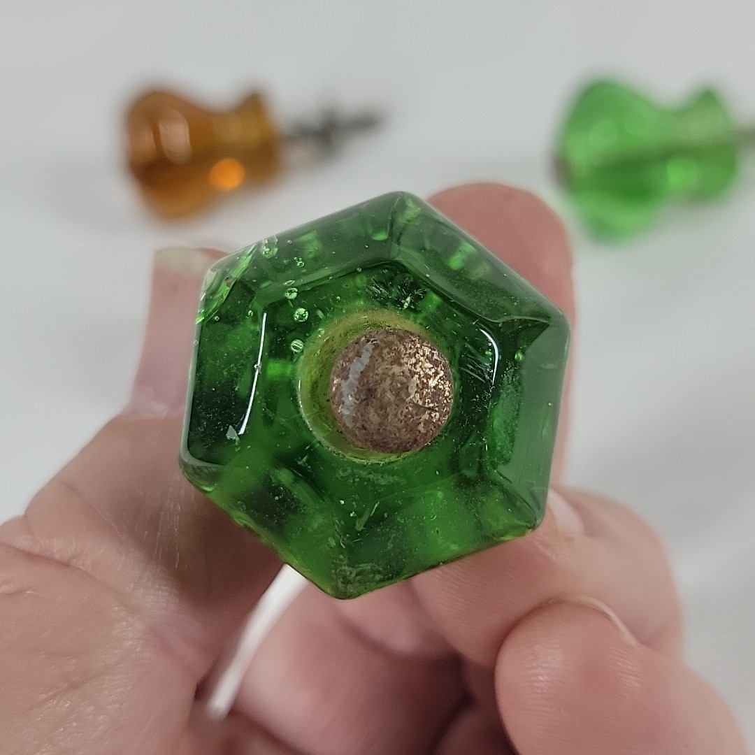 Antique Glass Green & Amber Drawer Pulls / Knobs Lot of 4
