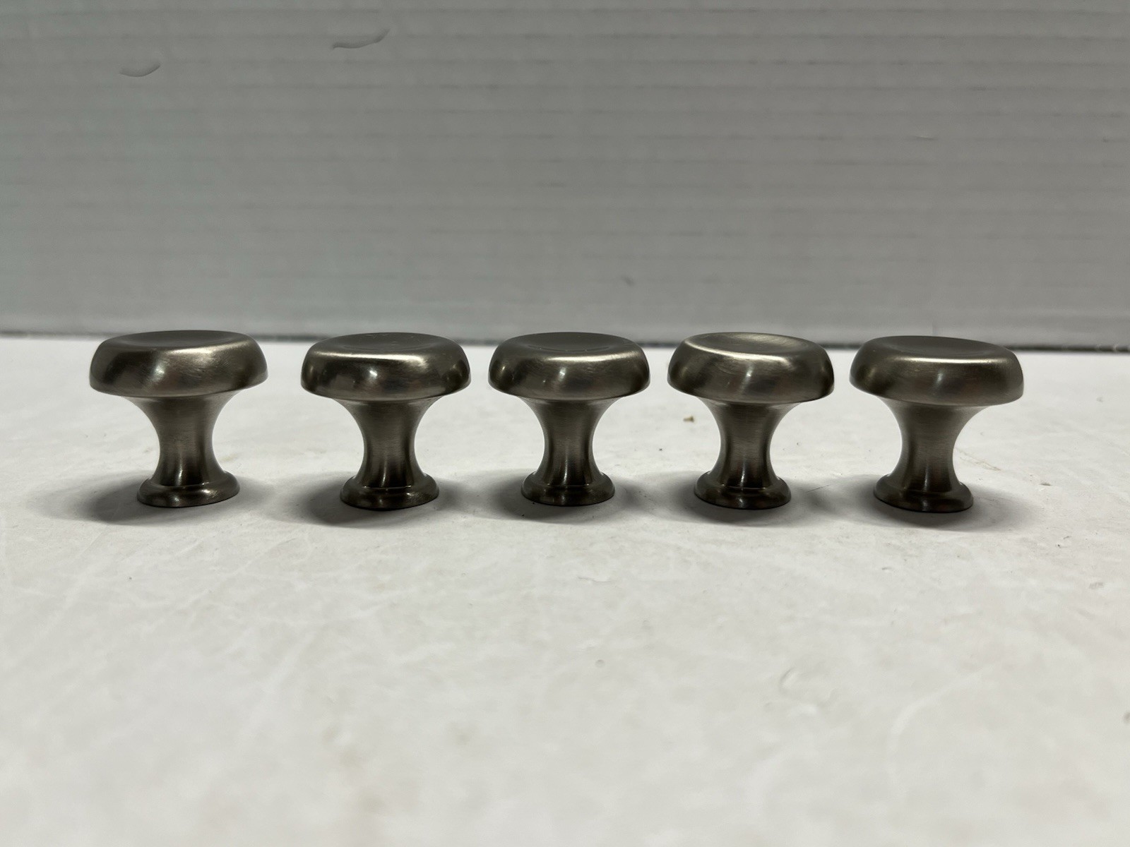 Vintage Lot (5) NOS Heavy Round Brushed Nickel ?? Fixed Drawer/Cabinet Knobs