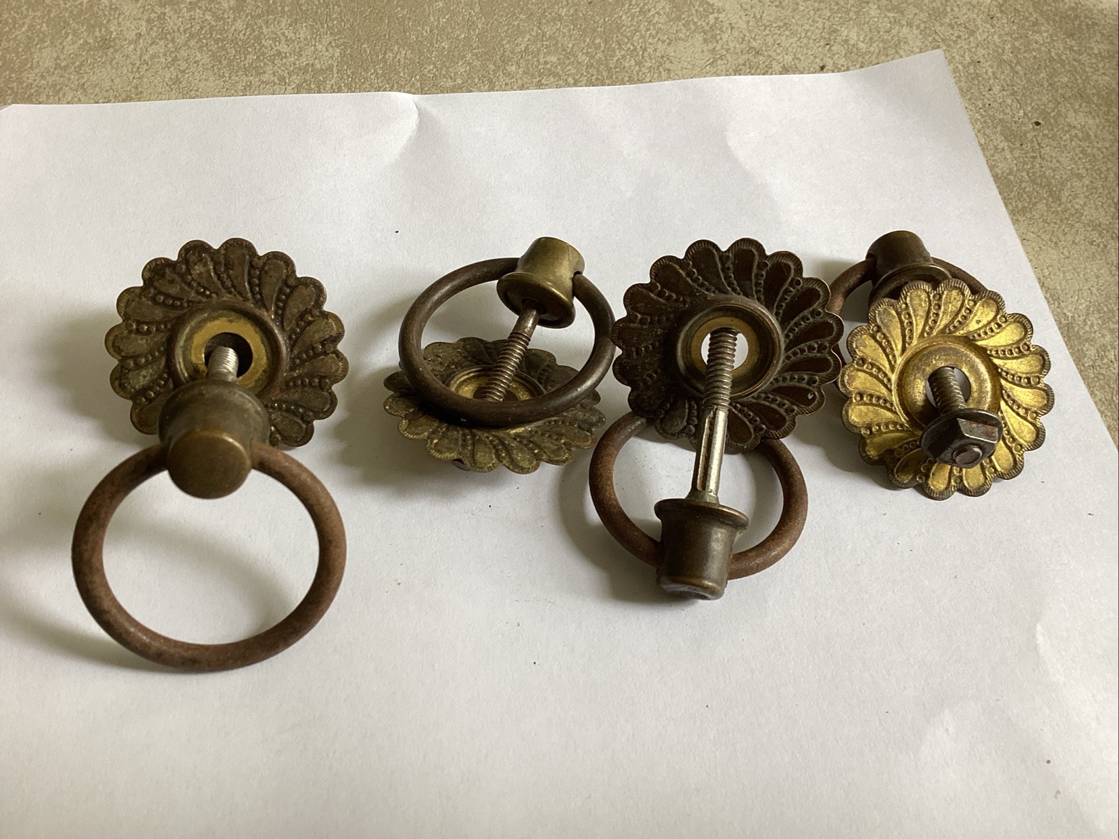 4 – 1-1/2 in brass backings Plates & Same Size Antique Pull Rings Chest drawer