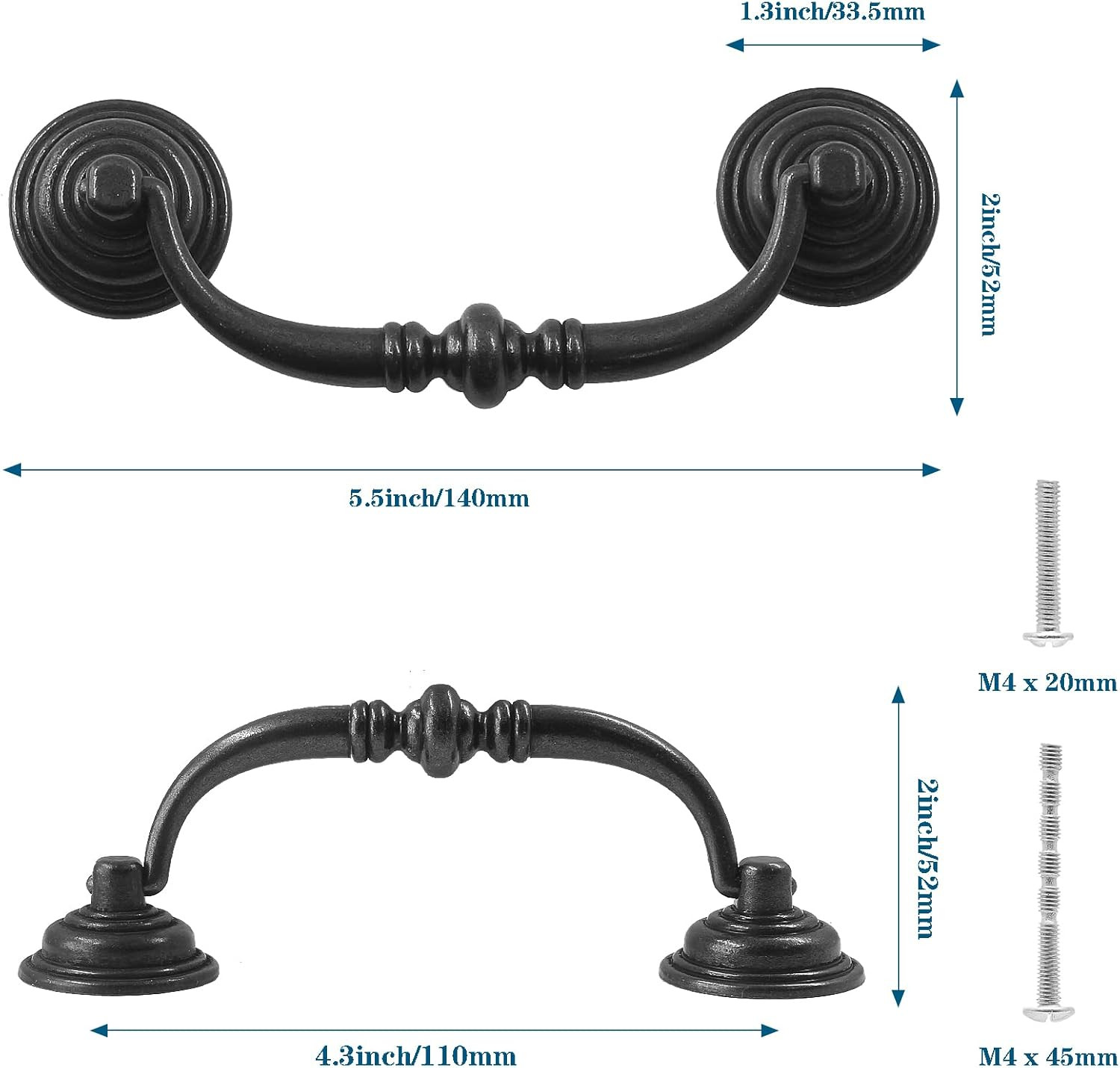 6PCS Antique Drop Bail Pulls, 4.3″ Hole Center Shabby Chic Drawer Pulls Vinta…
