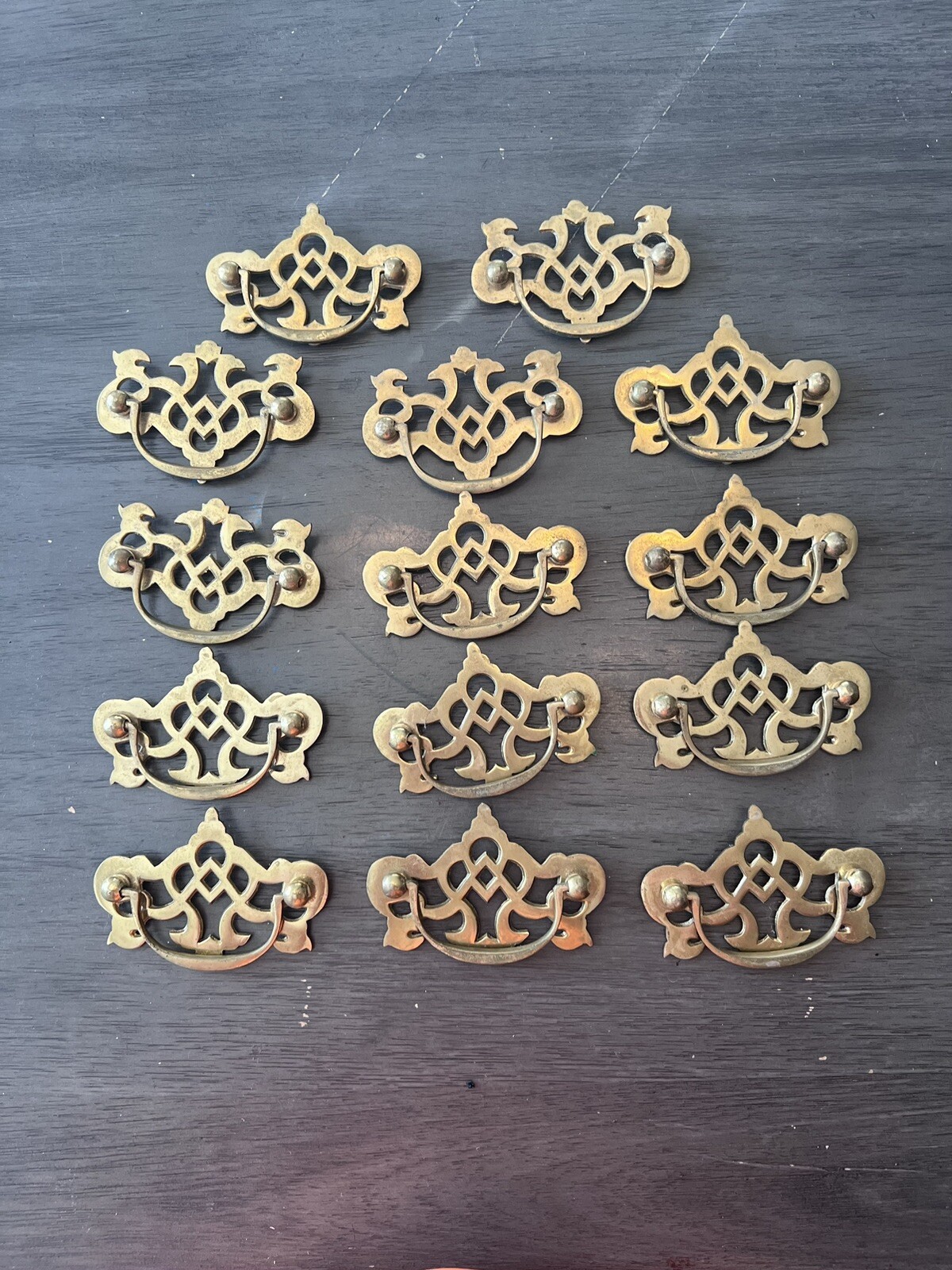 Lot 14 Vintage Fancy Ornate Pierced Brass Drawer Pulls Traditional Batwing NICE