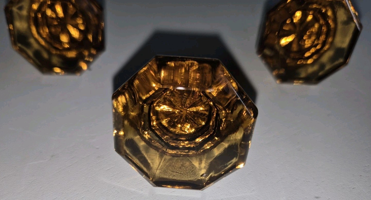 Lot Of 5 Vintage Amber Glass Cabinet/Drawer Knobs Octagon Crystal Dresser Pulls