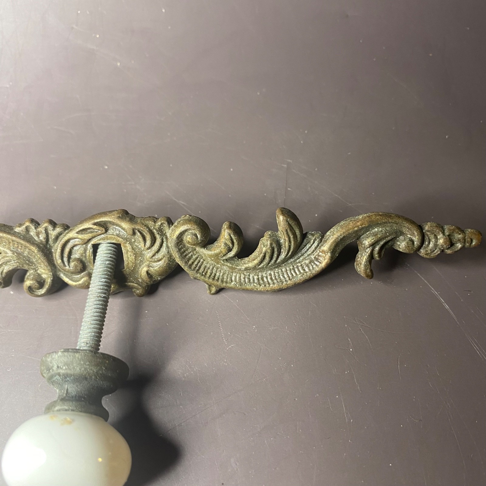 Vintage Metal And Porcelain Knob Ornate Drawer Pull
