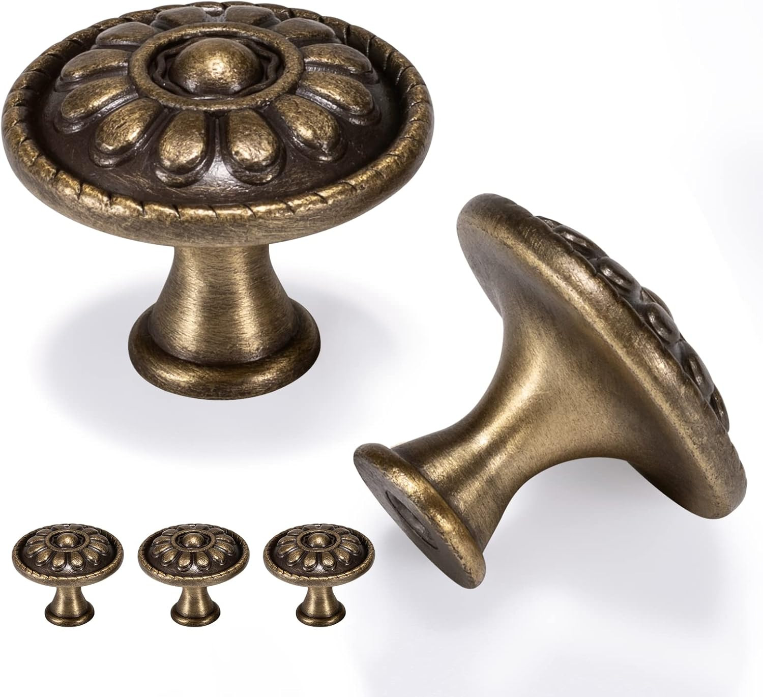 5 Pack Antique Brass Cabinet Knobs, Vintage Knobs for Drawers, Solid Brass Pulls