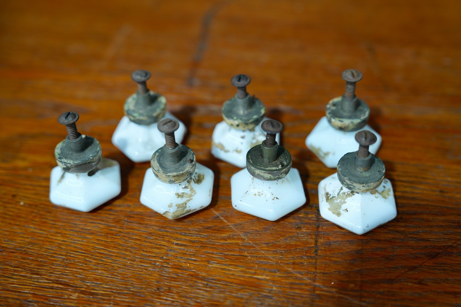 Vintage Dental Medical Cabinet Milk Glass Drawer Knob Pulls Hex Shape Hardware