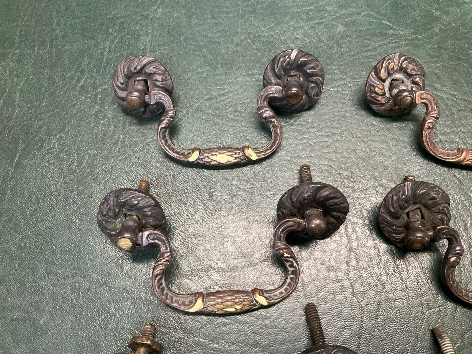 Set of 10 Antique Period Ornate Brass Drop Drawer Pulls Handles