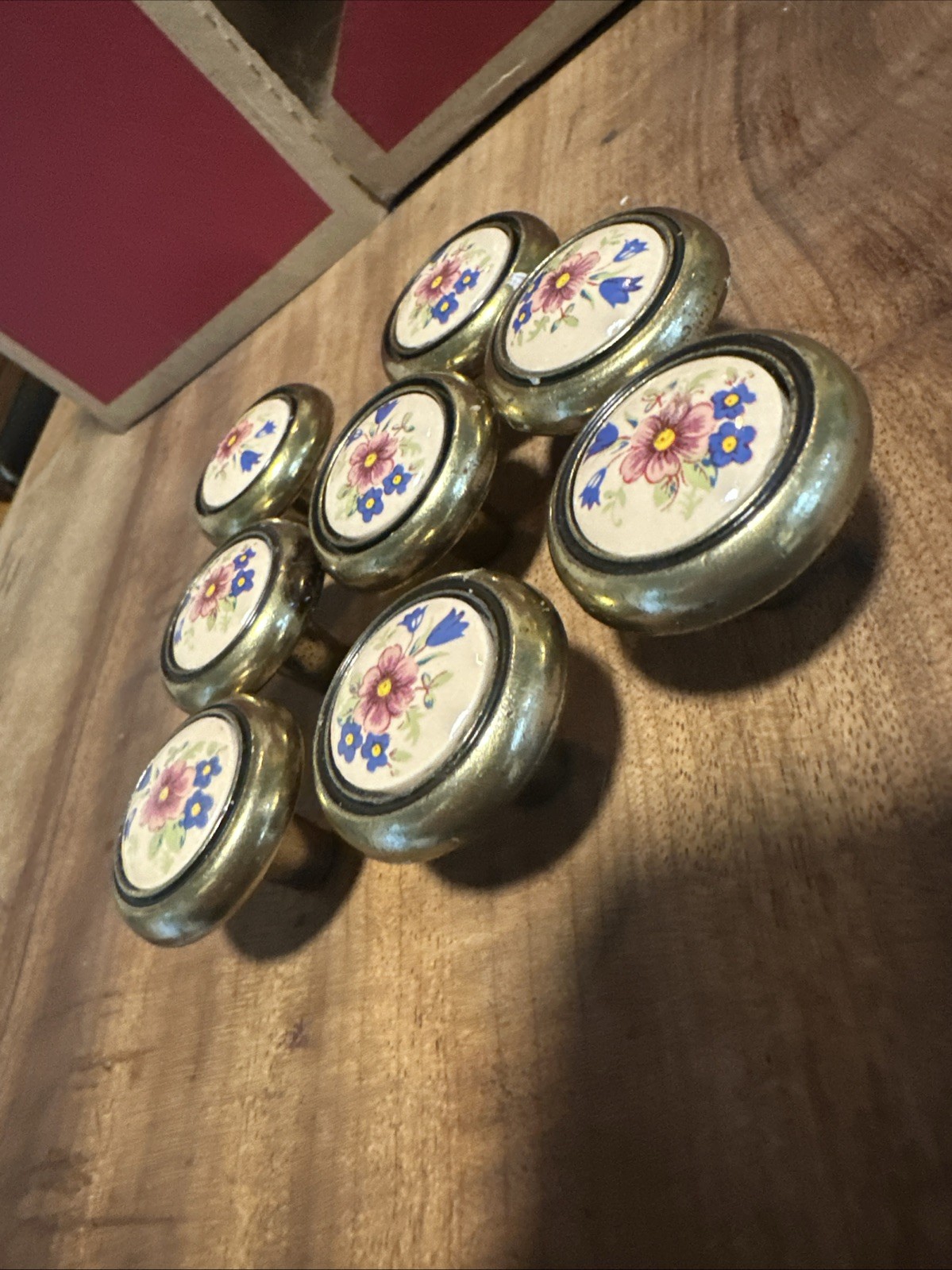 Vintage Floral Ceramic Drawer Knobs Pink Blue Flowers Brass Finish Lot of 8