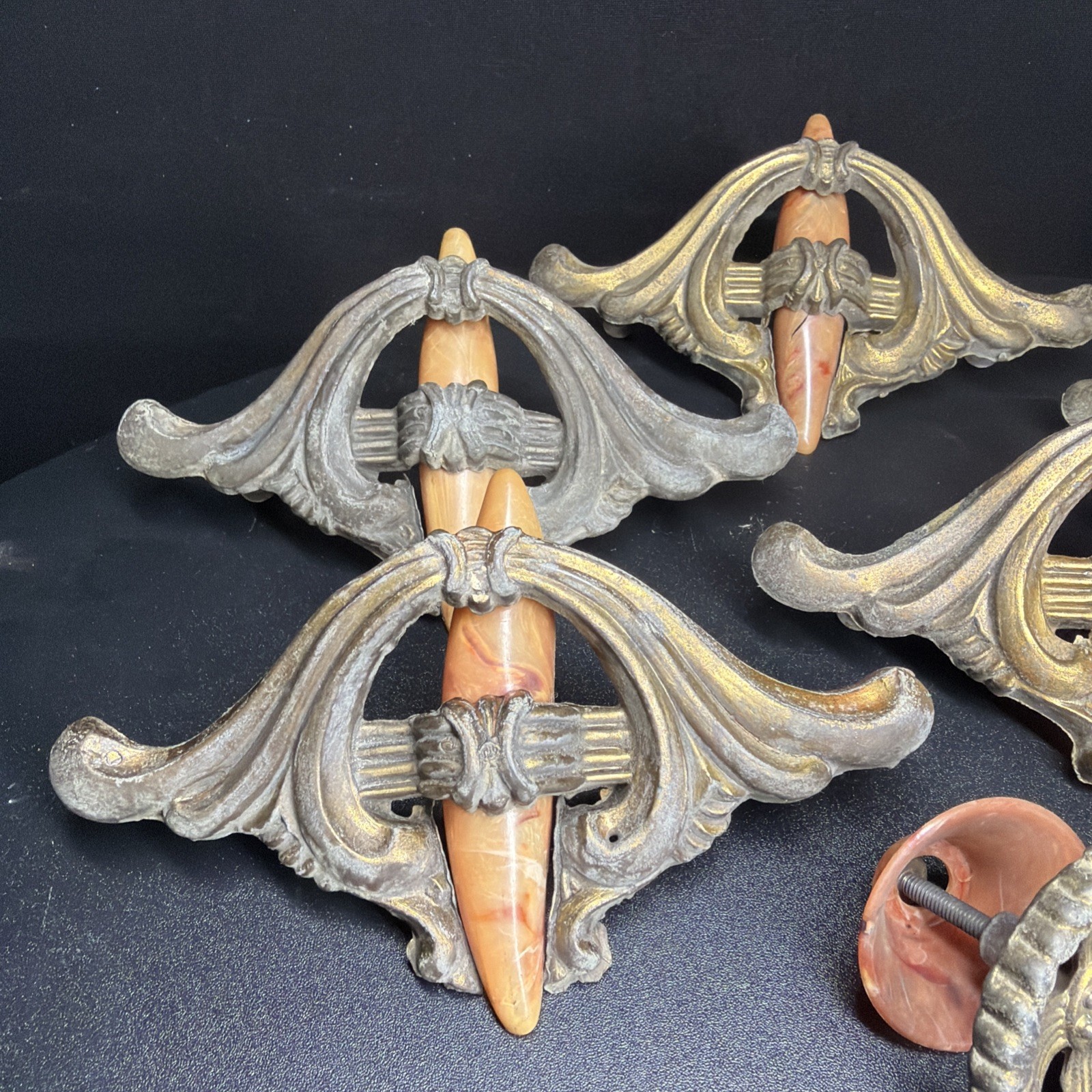 VTG Lot 10 Art Deco Drawer Waterfall Handles Pulls Orange Marble Bakelite Brass