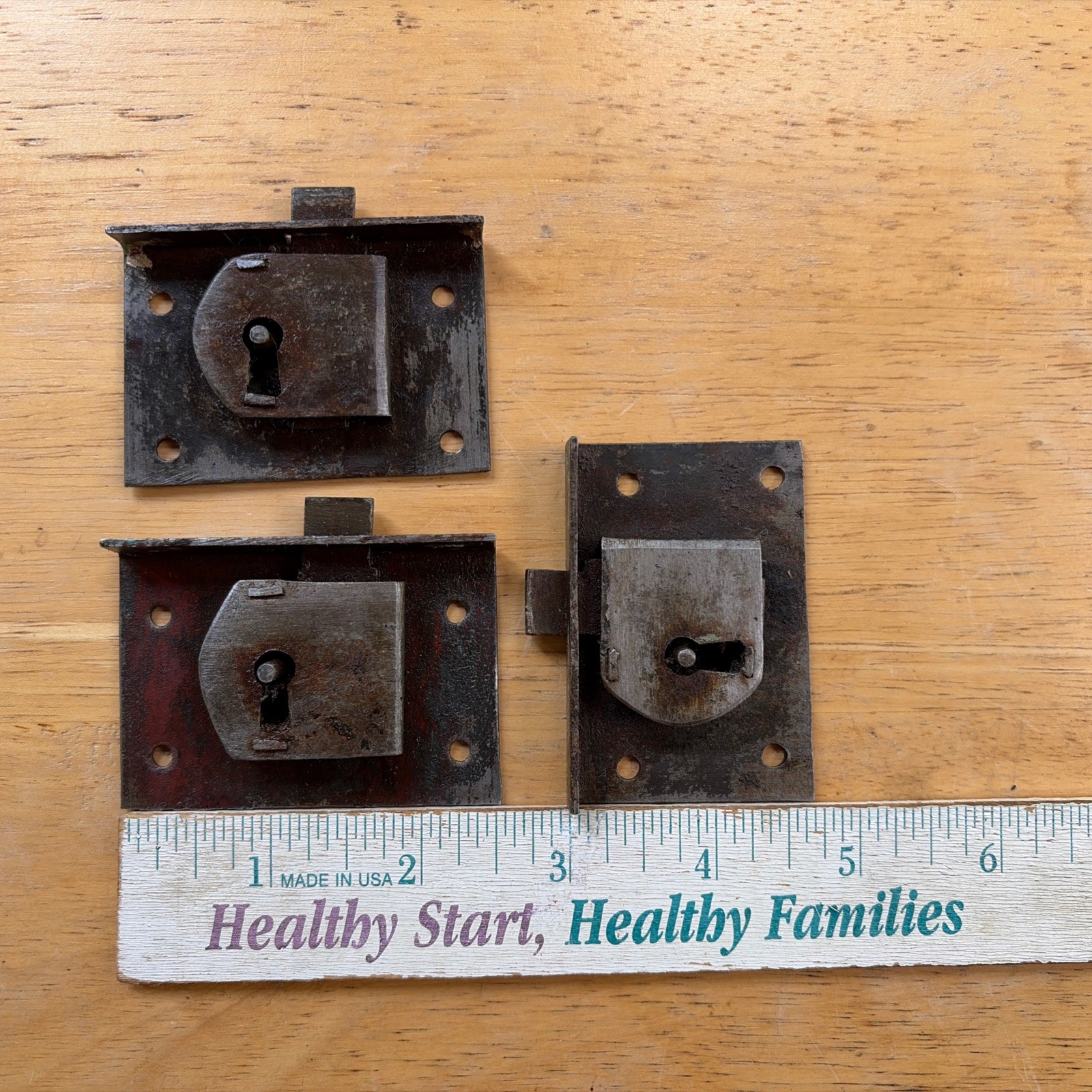 3 Salvaged Mid 1800 Empire Dresser Drawer Locks & Working Key, Free S/H