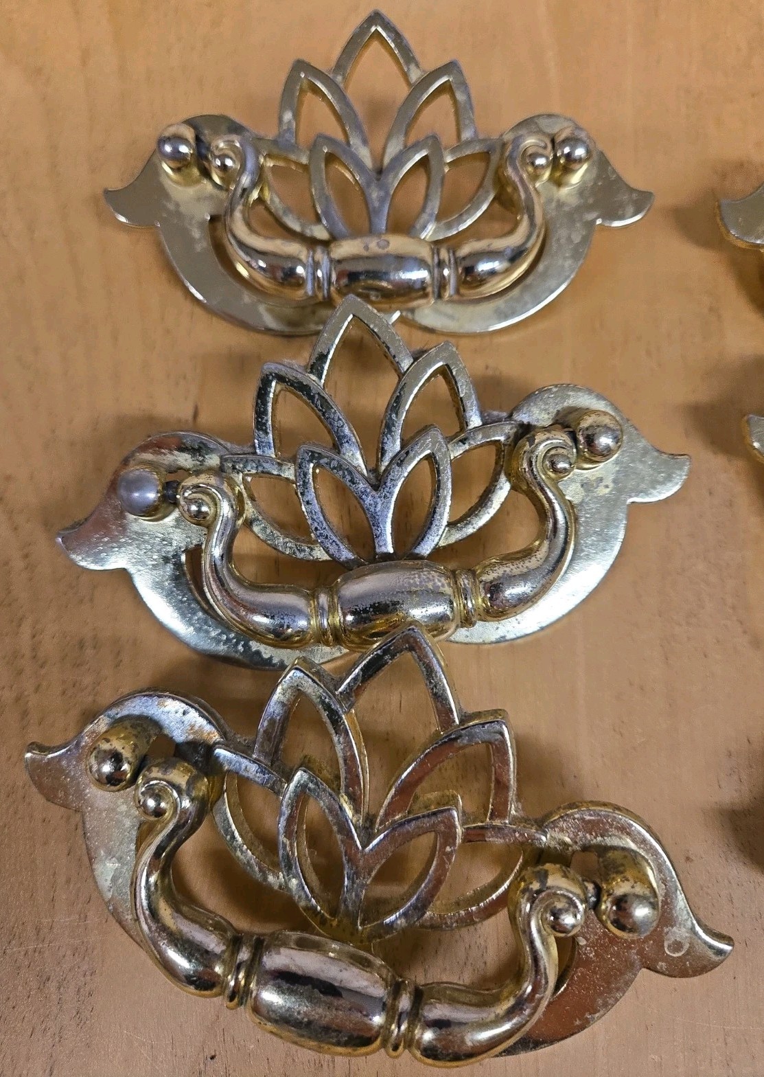 (6) Vintage Chippendale Style Drawer Pulls Drop Handle Gold Tone Traditional