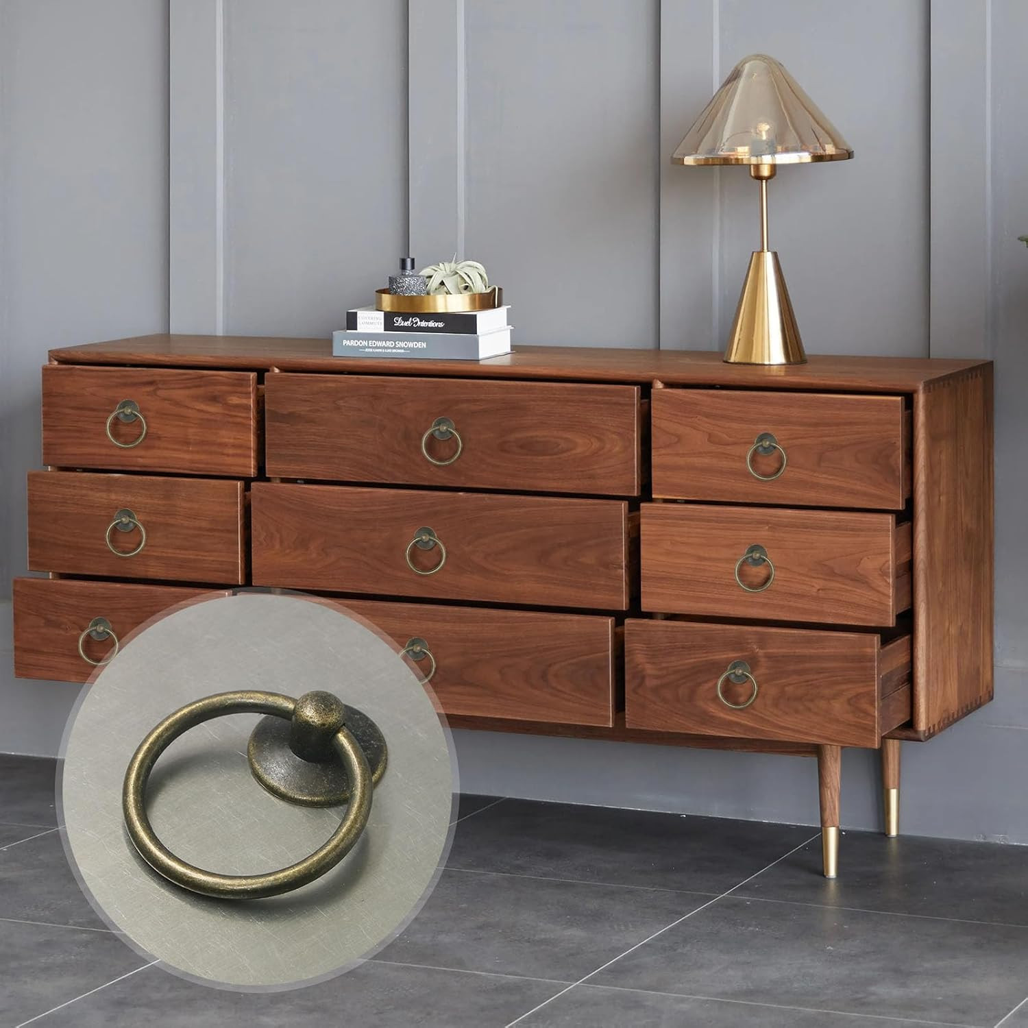 12Pcs Antique Brass Ring Drawer Pulls, Vintage Cabinet Ring Handles, Metal Drawe