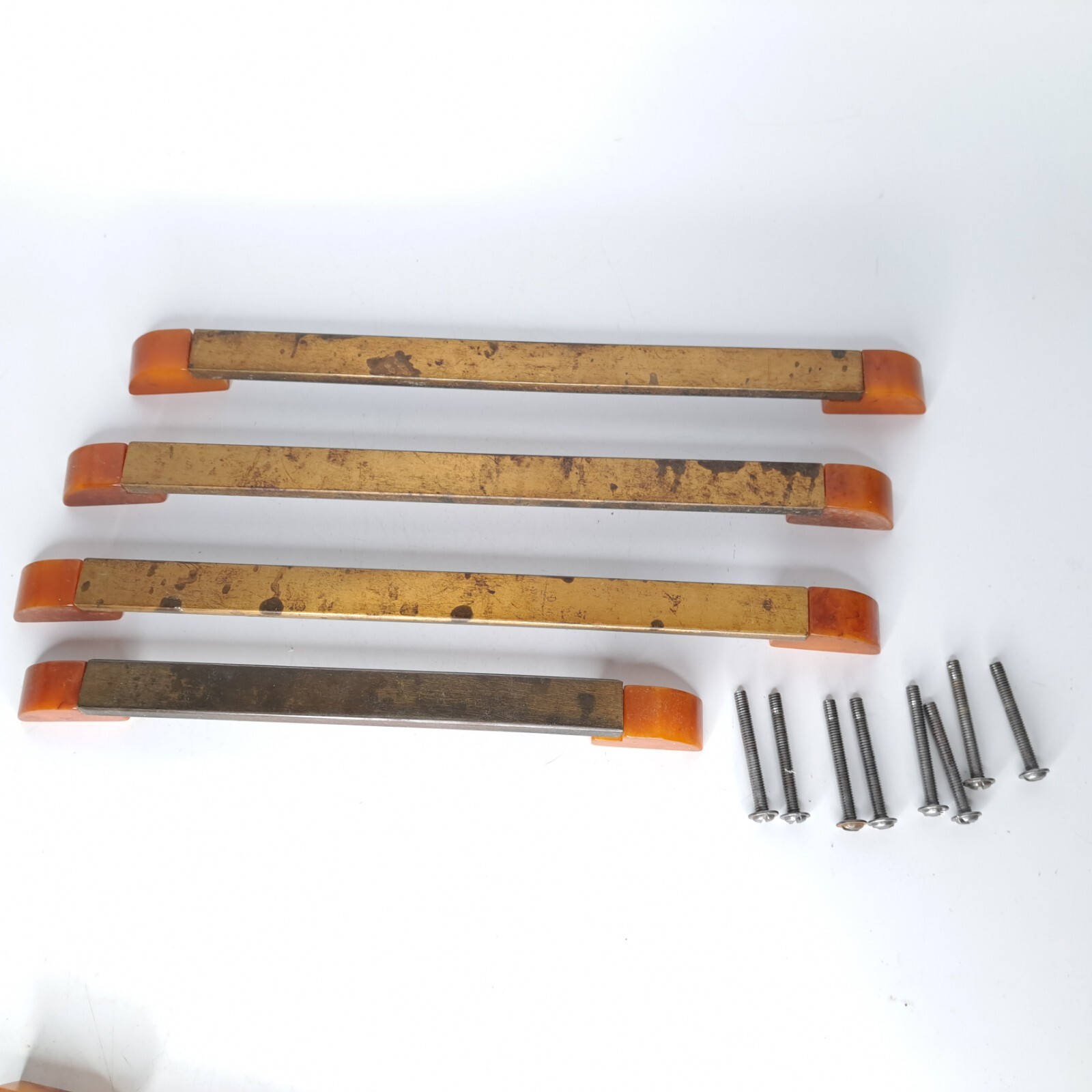 4 Antique ART DECO Butterscotch Bakelite Brass Plated Bar Drawer Pulls Reclaimed