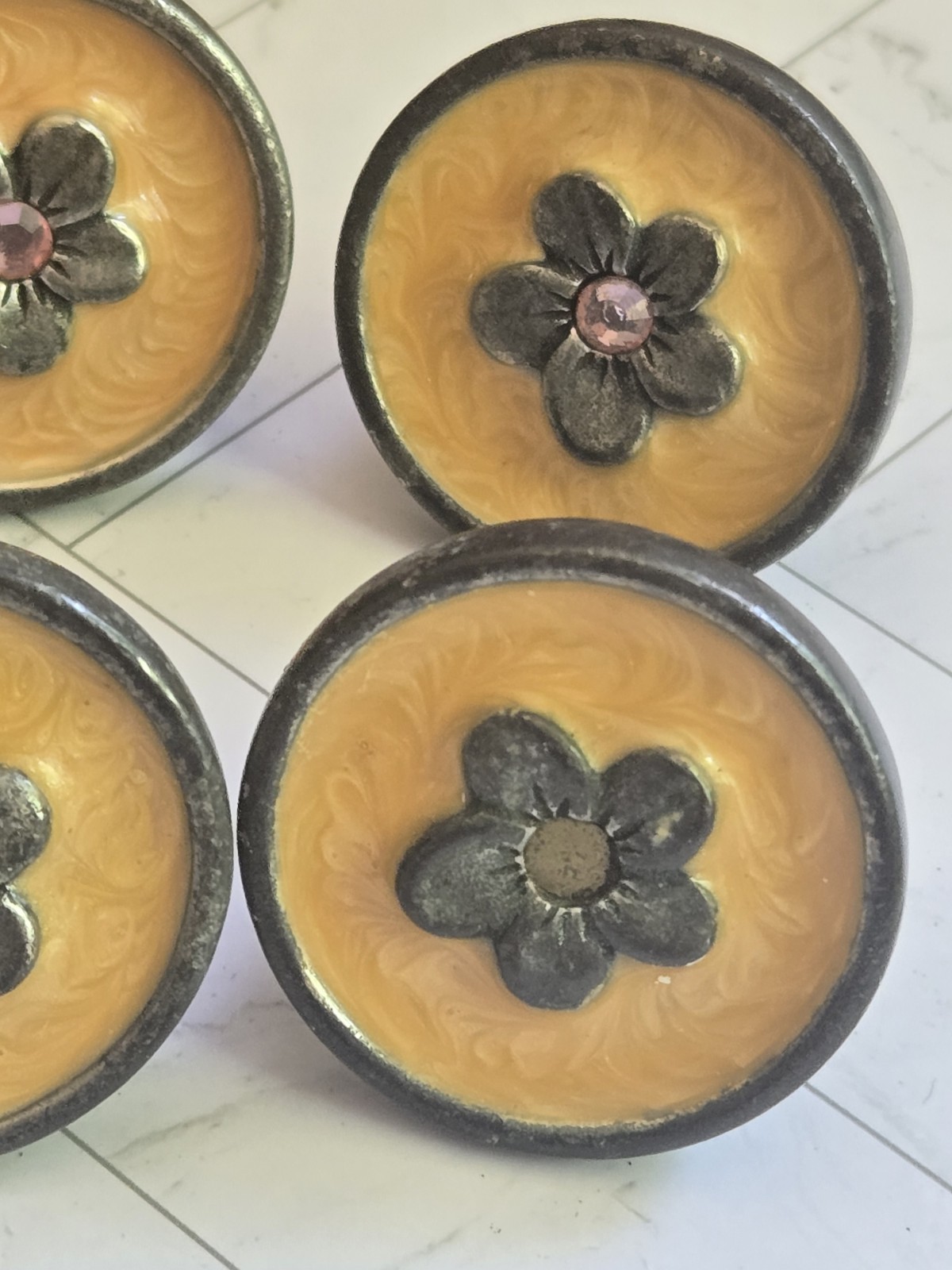 ​Set of 4 Vintage Floral Decorative Cabinet Knobs – Yellow Enamel & Metal Flower