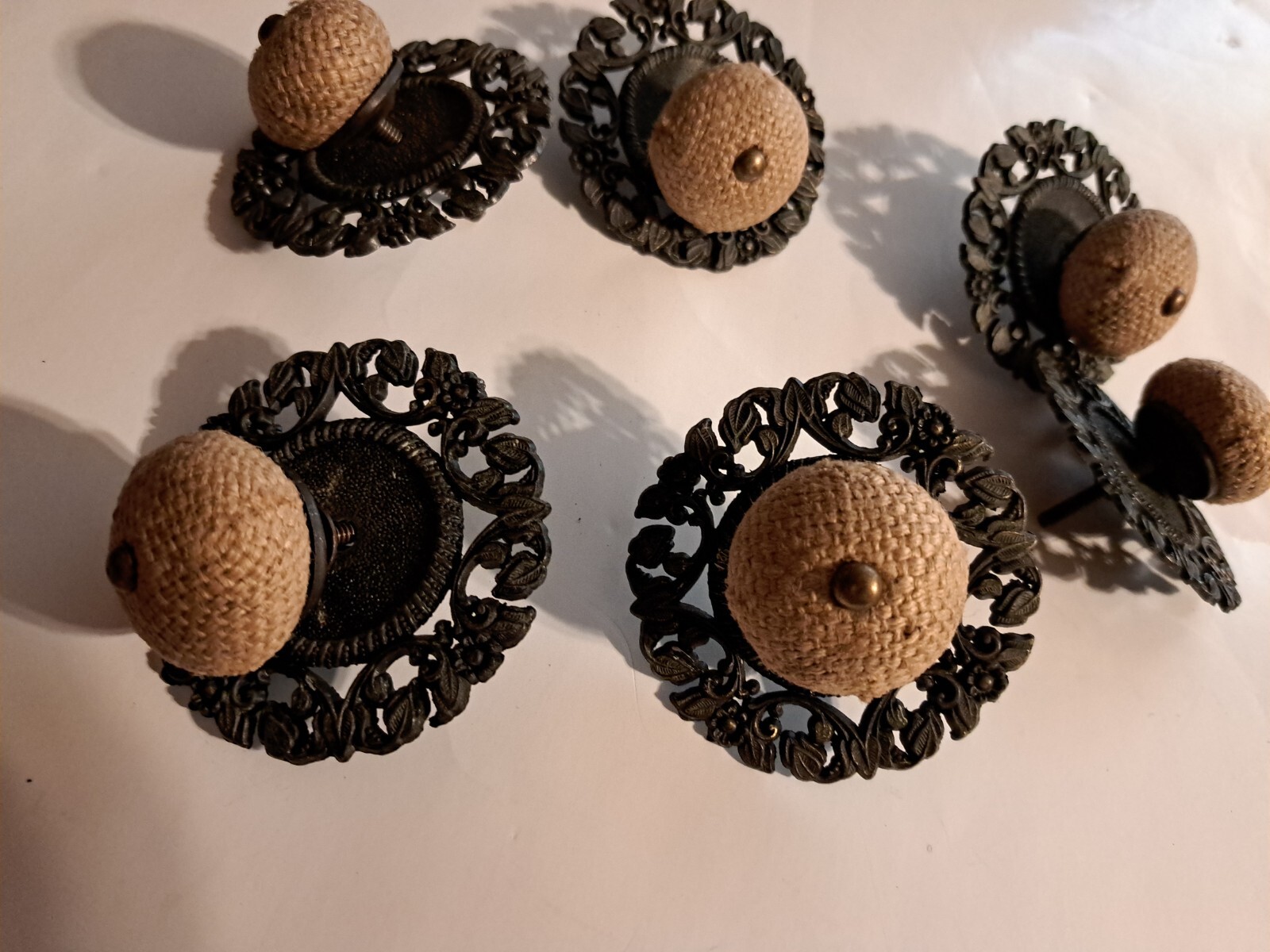6 Allison Cabinet Drawer Pulls Japan Brass Jute Ball Flower Daisey 3 1/4 Shabby
