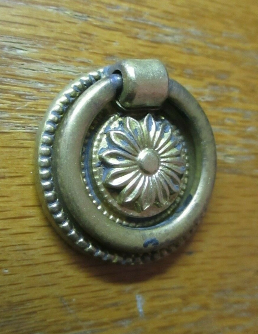 Solid Cast Brass 1850s Floral Drop Ring Pull Handle Flower 1-1/4″ Round Antique
