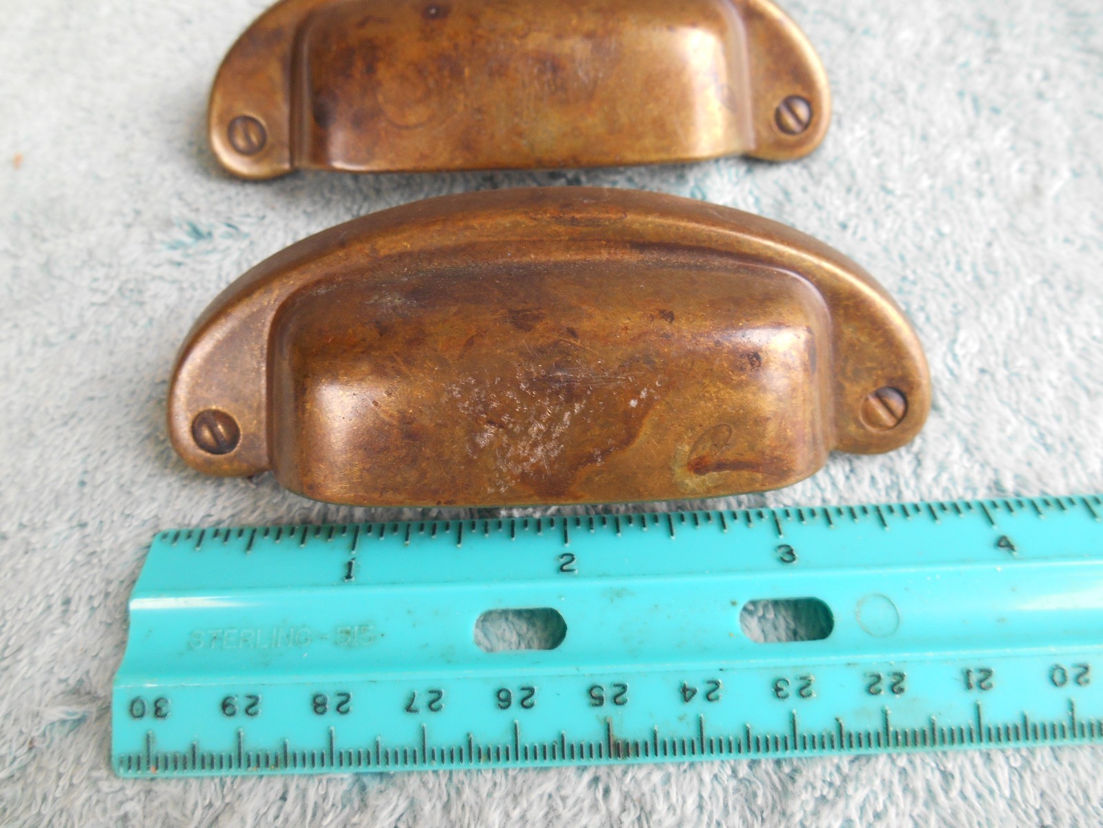 LOT OF 3 BRASS TONED DIE-CAST METAL DRAWER PULLS OR HANDLES WITH SCREWS