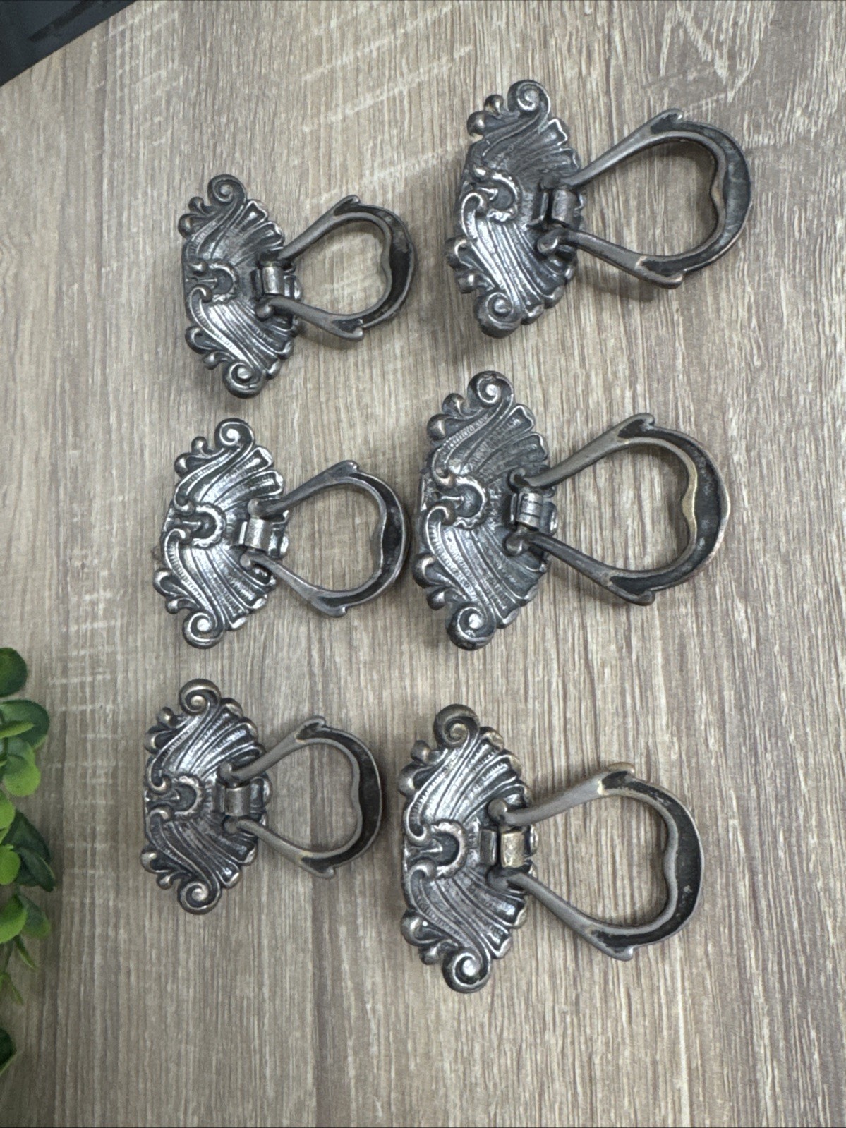 (6) Nickel / Brass Antique Hardware Drawer Pull Victorian Brass Drop Ring Set