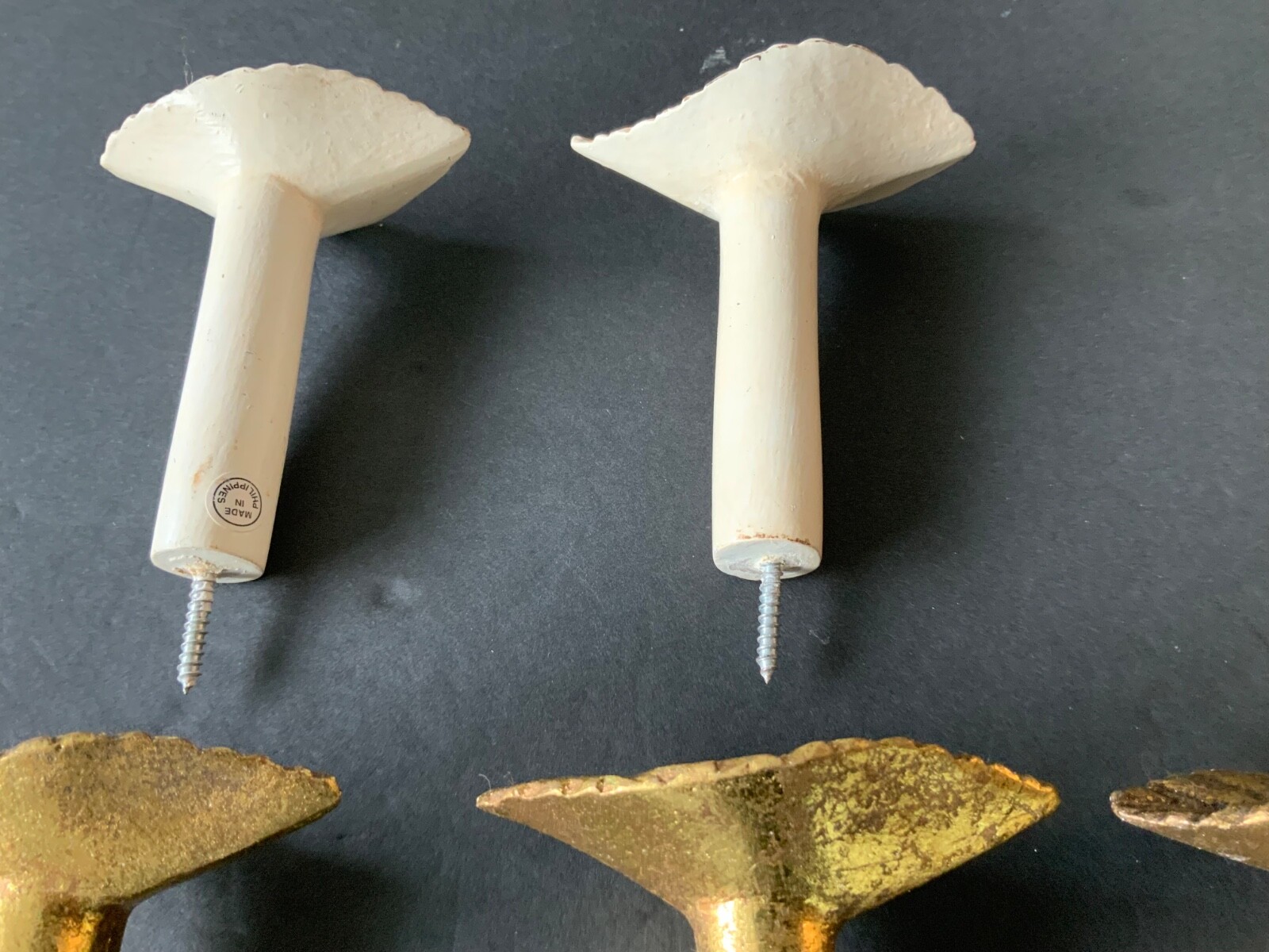 Set of Antique Painted Bin Dresser Drawer Pulls lot of 6 (4 gold 2 white)