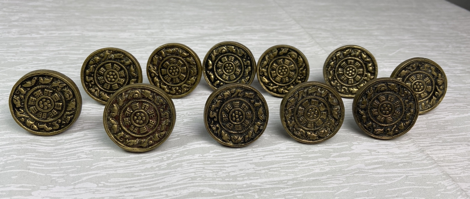 Vintage Set Of 11 Round brass Tibetan intricate design drawer pull knobs