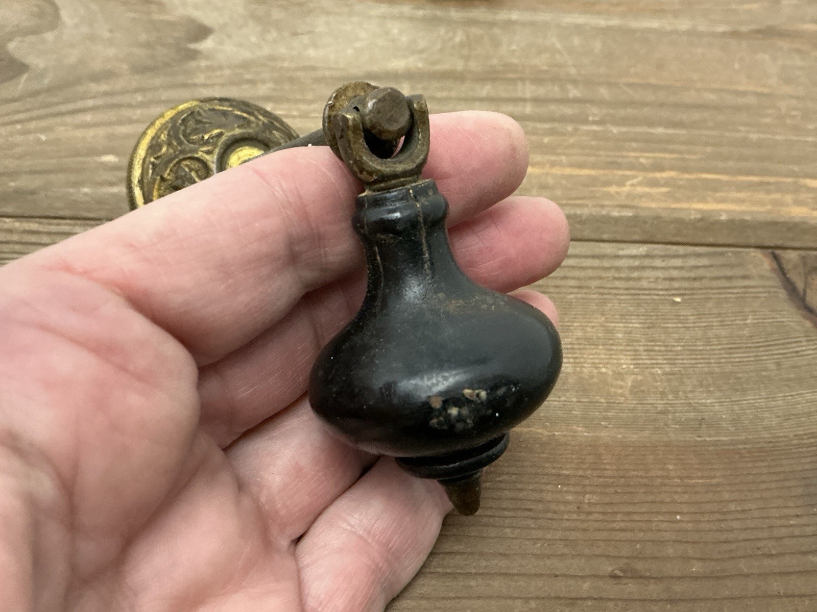 2 Antique Drop Drawer Pulls, Parts Brass Black Wood Teardrop Victorian/Edwardian