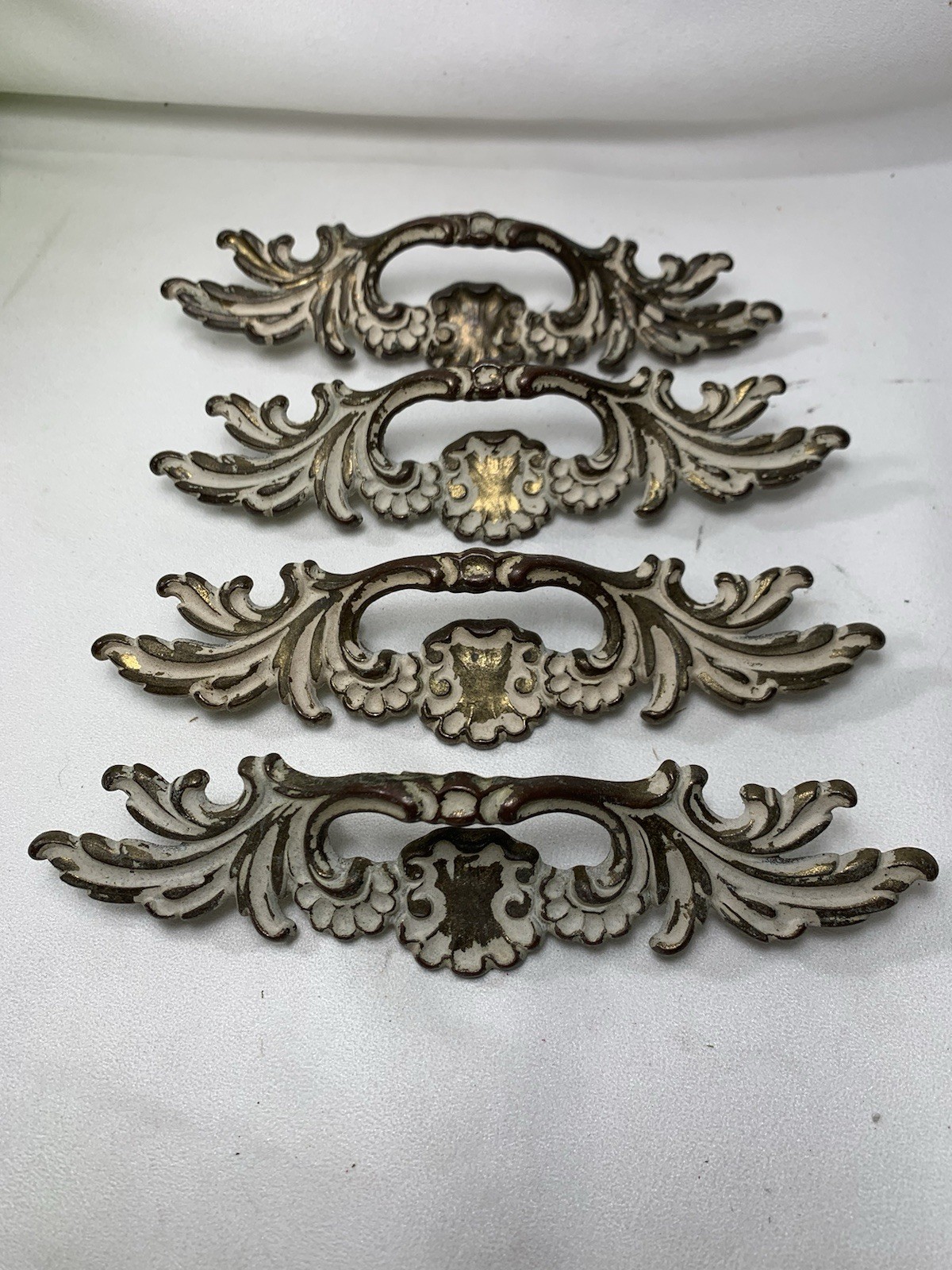 11 Vintage French Provincial Drawer Pulls 3″ centers + 4 Brass & White Coloring