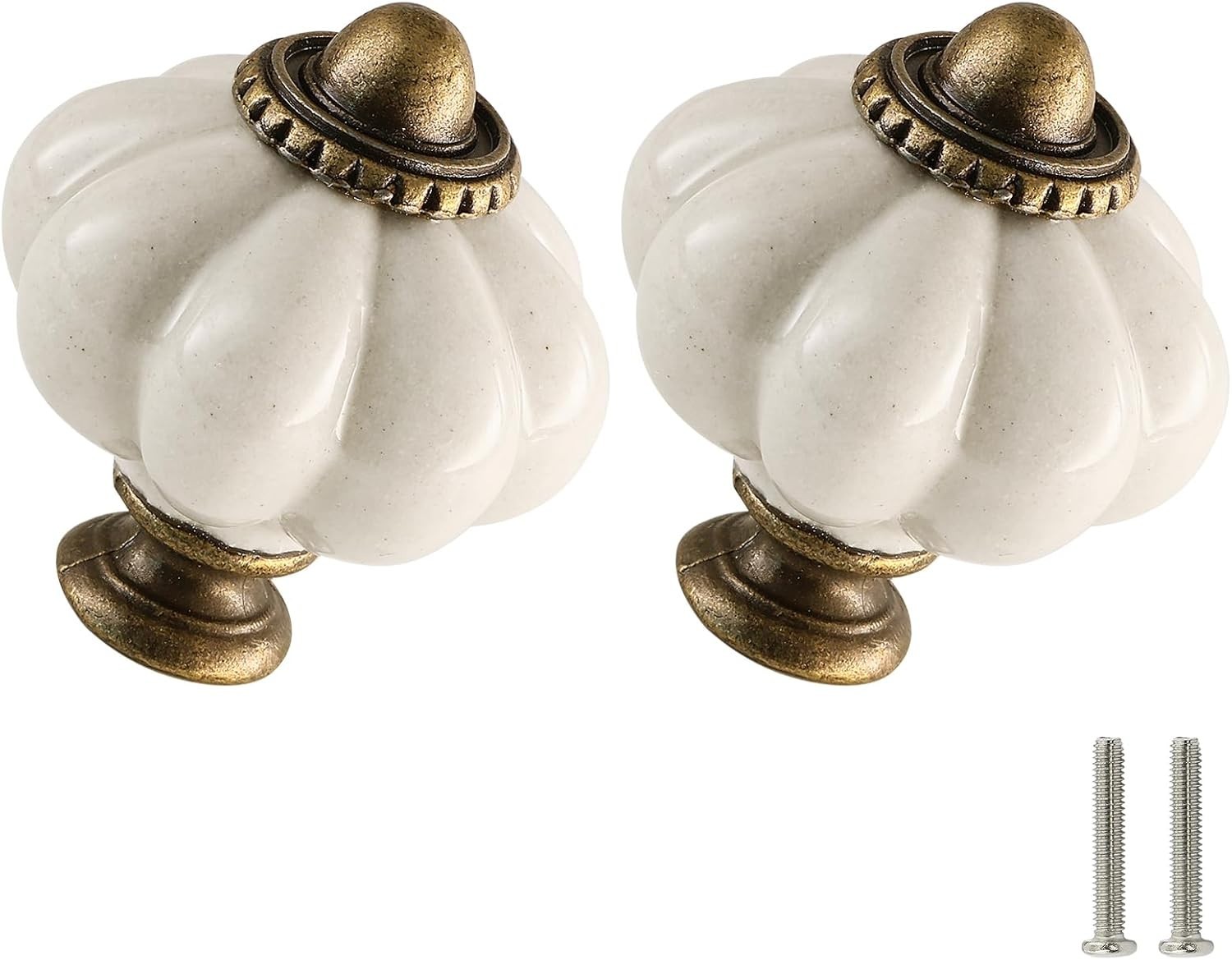 Ceramic Pumpkin Knobs 2 Pack – Antique White Vintage Drawer Pulls with Screws
