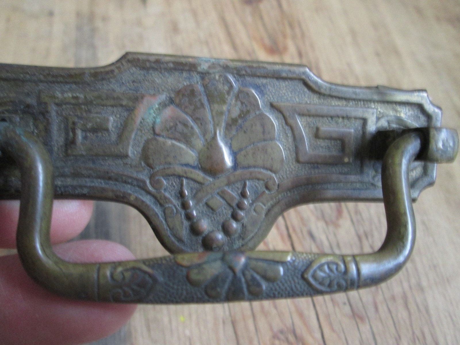 Vintage Drawer Pull Drop Bail Antique Brass Pull Cabinet Acorn Floral Pressed