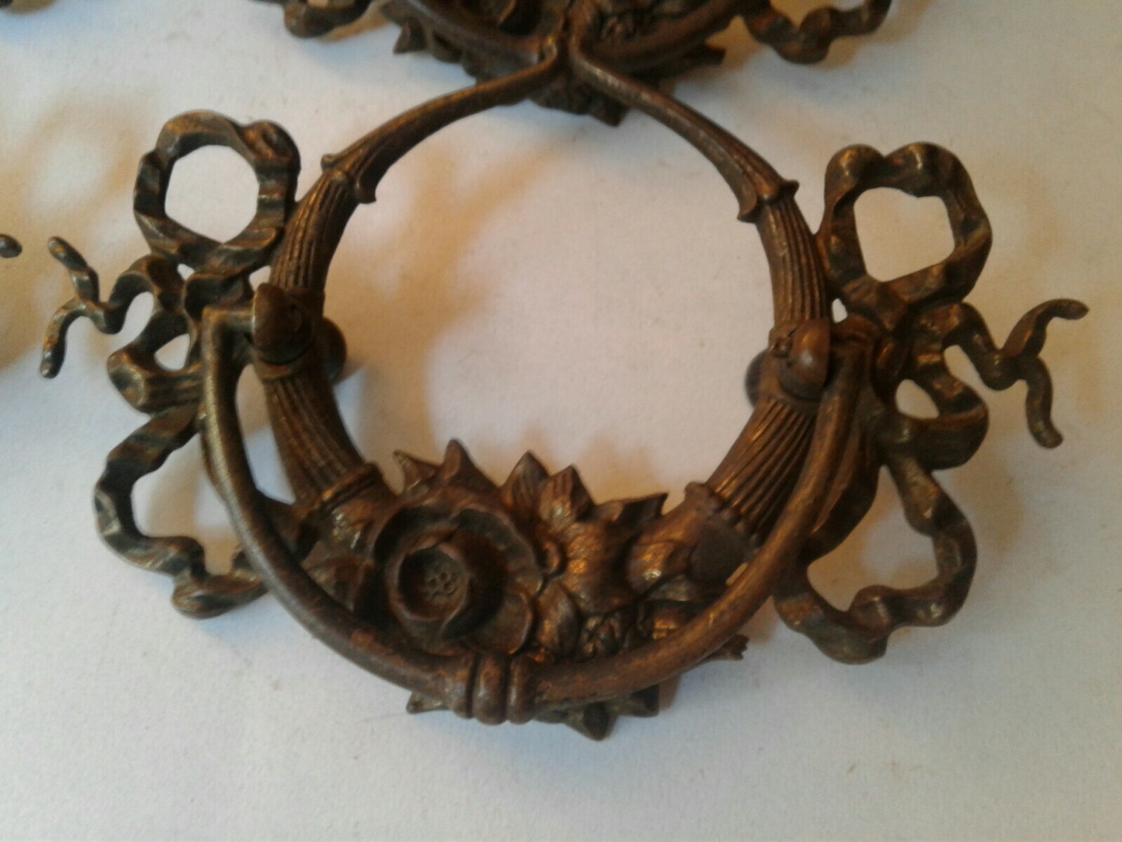 Antique / Vintage Drop Bail Pulls Drawer Pulls Ornate Brass Hardware Lot of 6