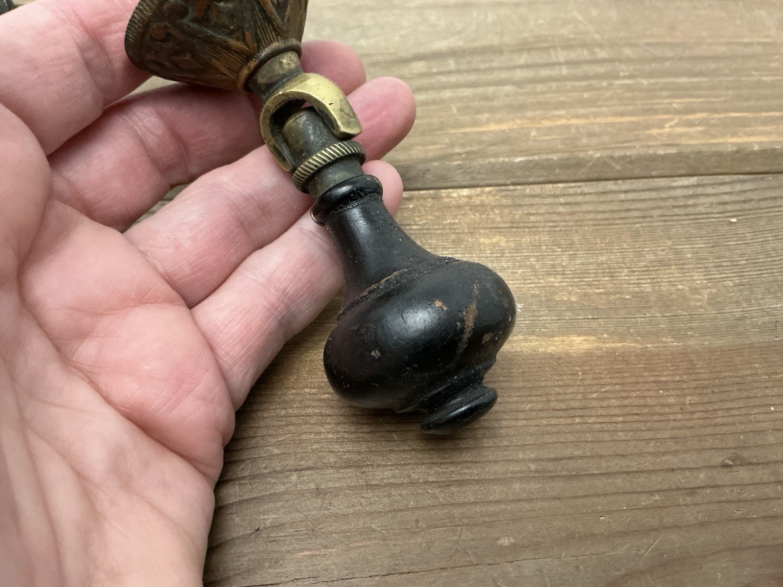 2 Antique Drop Drawer Pulls, Parts Brass Black Wood Teardrop Victorian/Edwardian