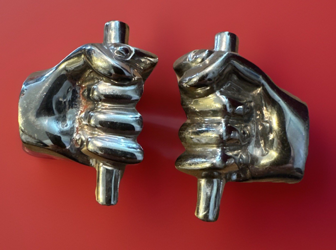 Chrome Pair Plated Figural Vintage Drawer Pulls Hands Gripping Bar Industrial