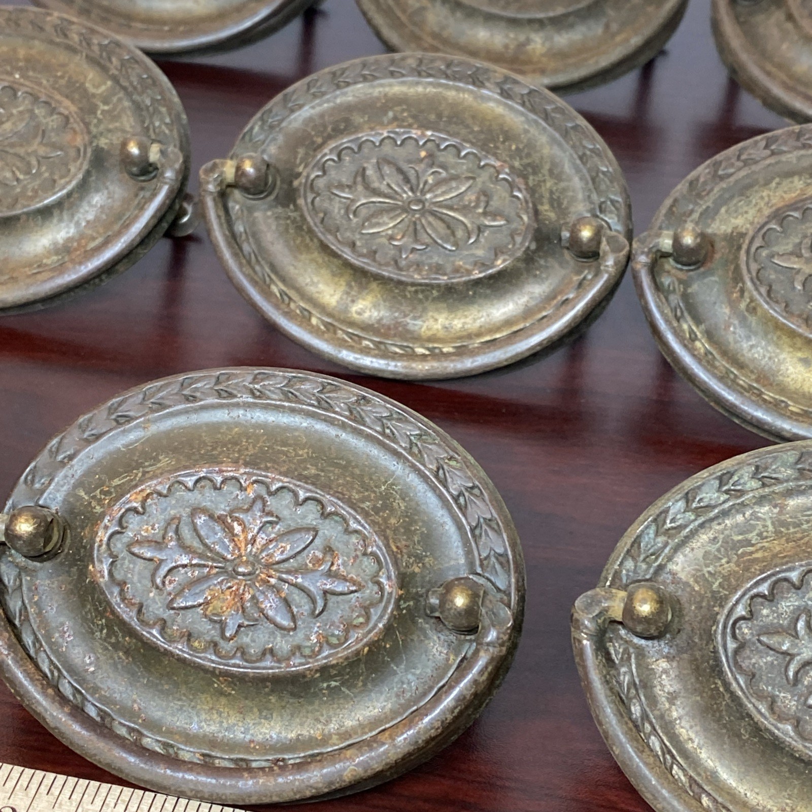 2.5” Hepplewhite Drop Bail Oval Antique Brass Plated 12 Vtg drawer Pulls handles