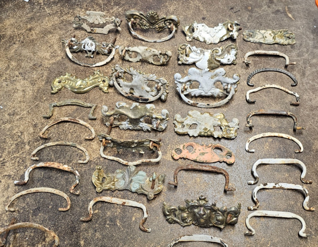 Lot 33 Antique Vintage Brass / metal Drawer Bail Pull Handles Mismatched
