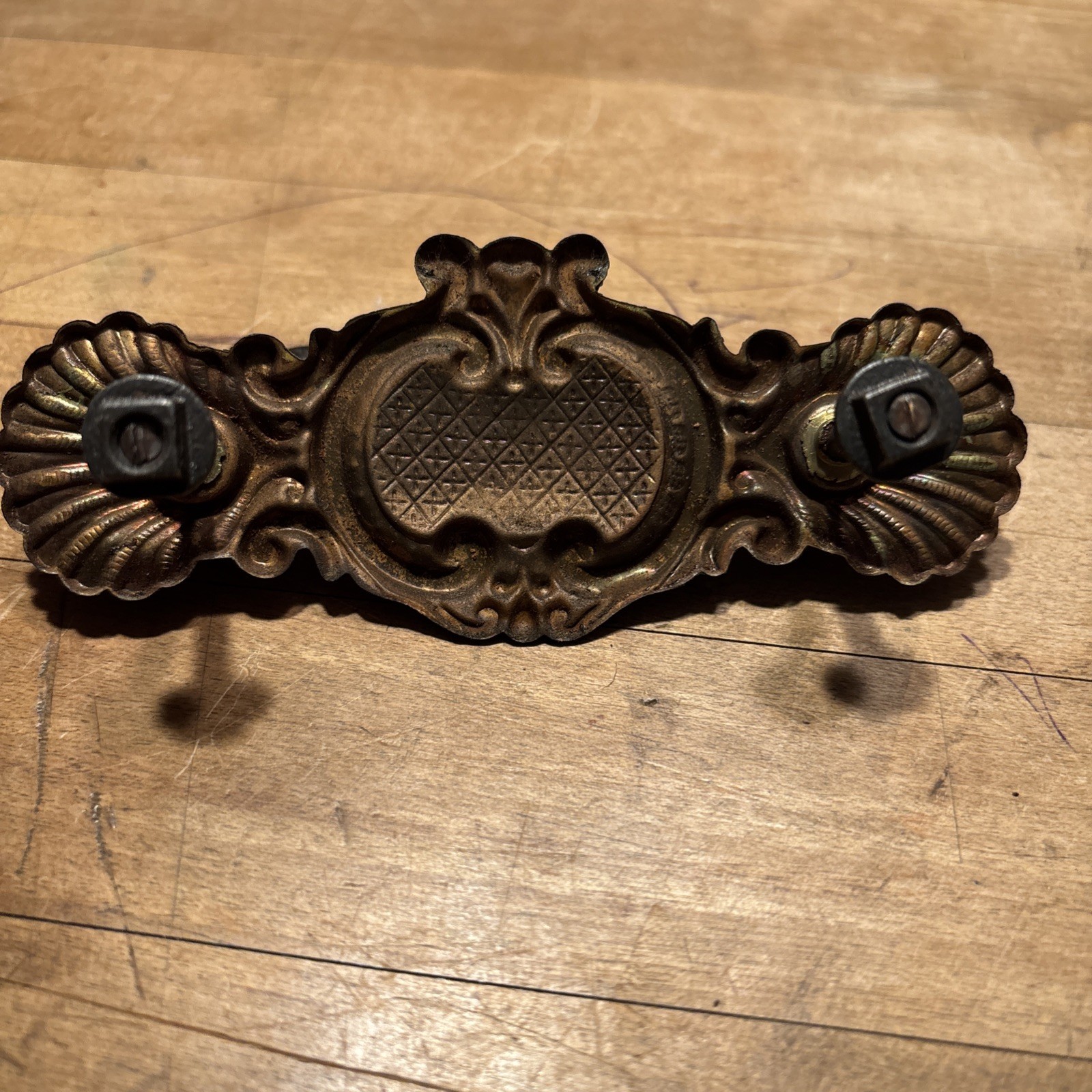 ANTIQUE Pair Of Brass Pressed Drawer Pulls Iron Bail 3” On Center