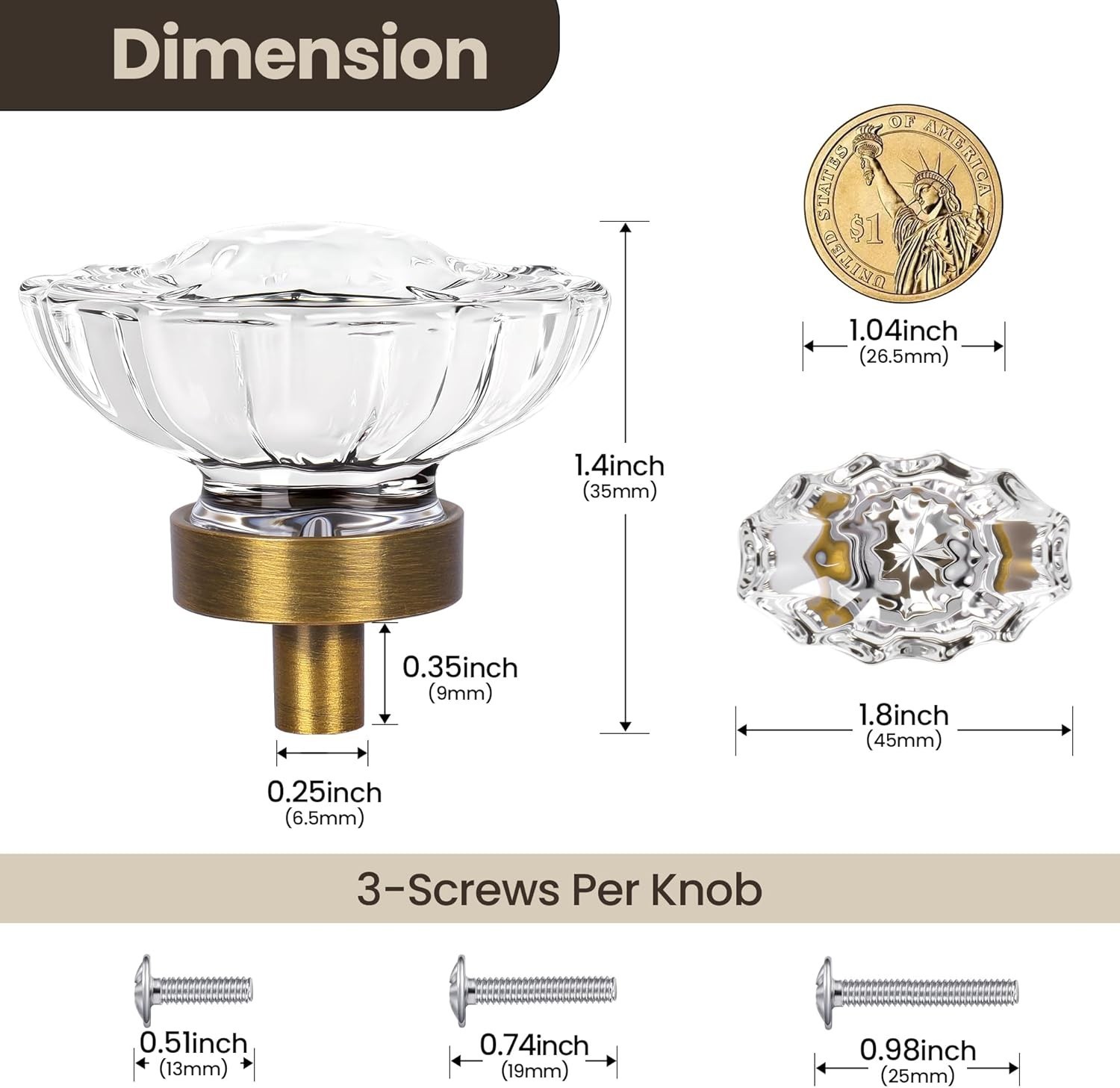 Vintage Antique Brass Crystal Drawer Knobs – 4 Pack