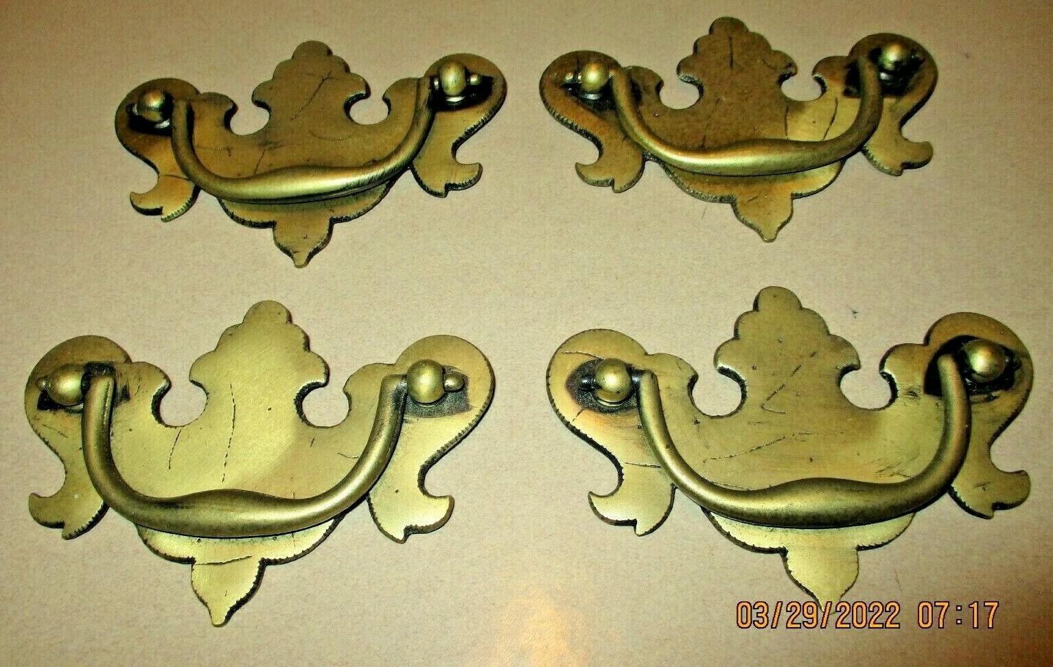 4 – VERY NICE, VINTAGE N.O.S. HEAVY SOLID BRASS DRAWER PULLS – DOOR HANDLES