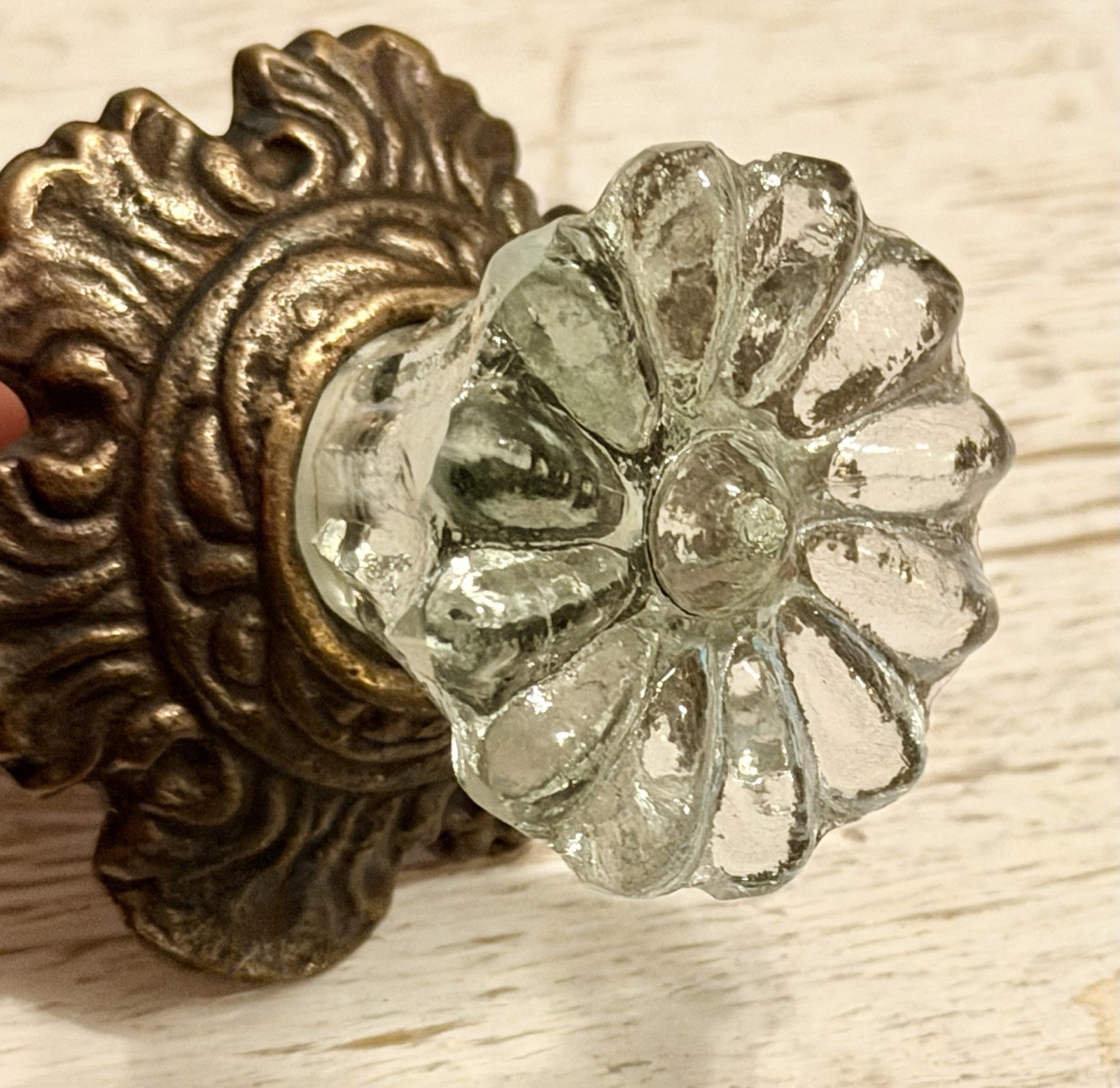 2 Antique Brass w/Glass Drawer Pulls Hardware Handles Vintage Cabinet Door Knob