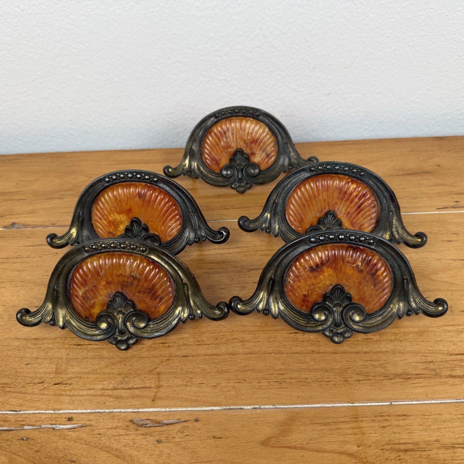 5 Vintage 1930’s-1940’s Keeler Art Deco Celluloid & Brass Original Drawer Pulls