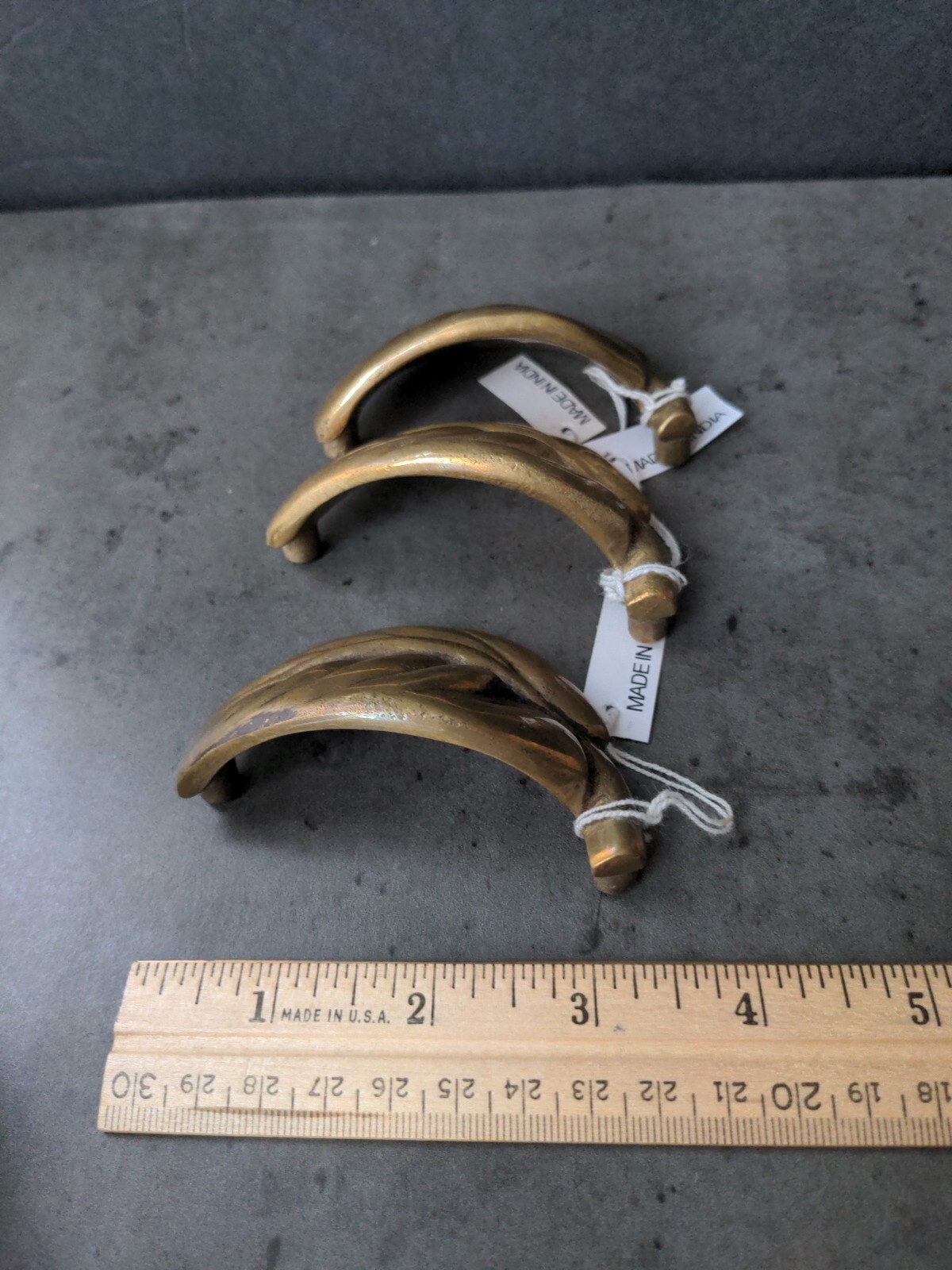 3 Vintage Brass Hardware Drawer Pulls Curved Lilac Leaf Art Deco Anthropologie