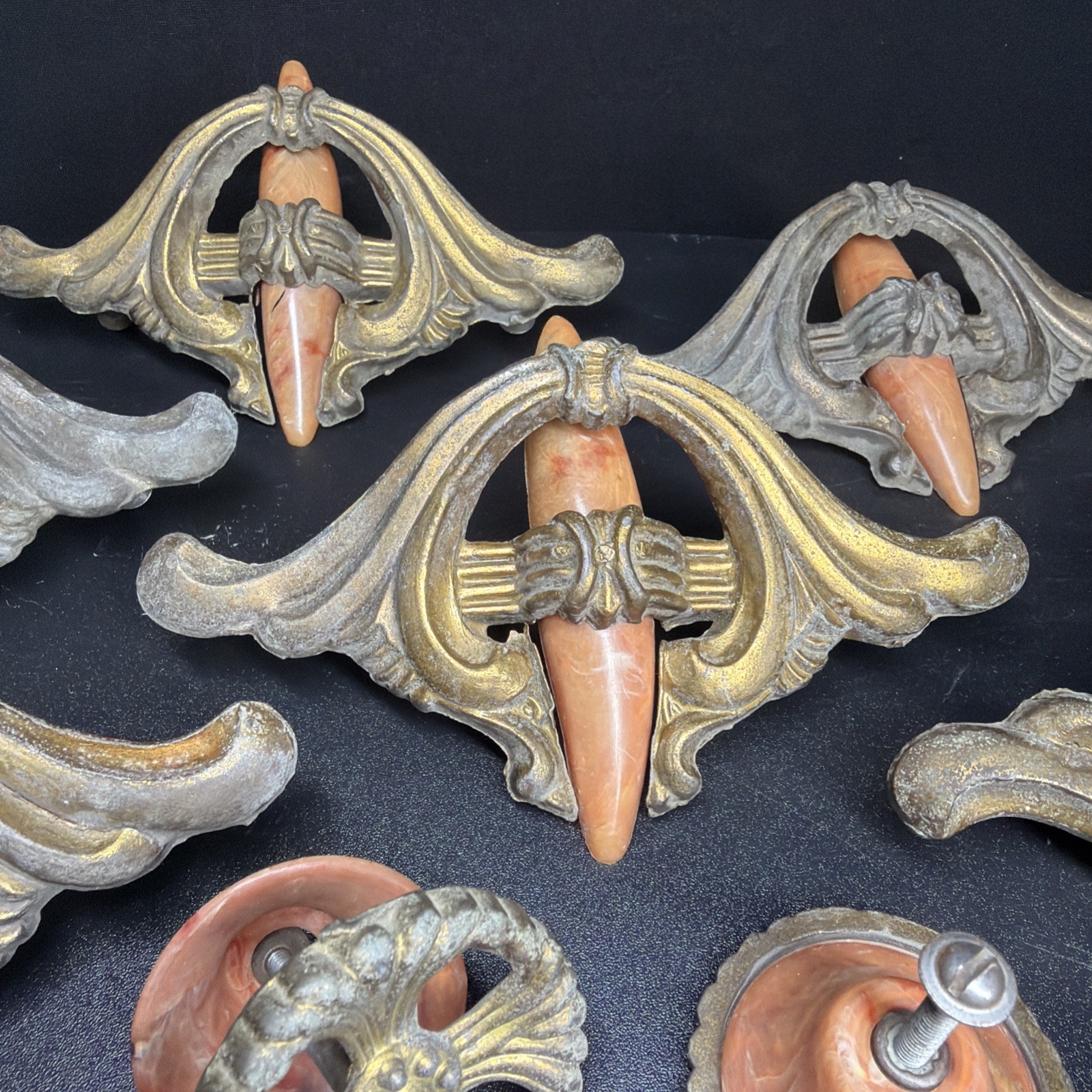 VTG Lot 10 Art Deco Drawer Waterfall Handles Pulls Orange Marble Bakelite Brass