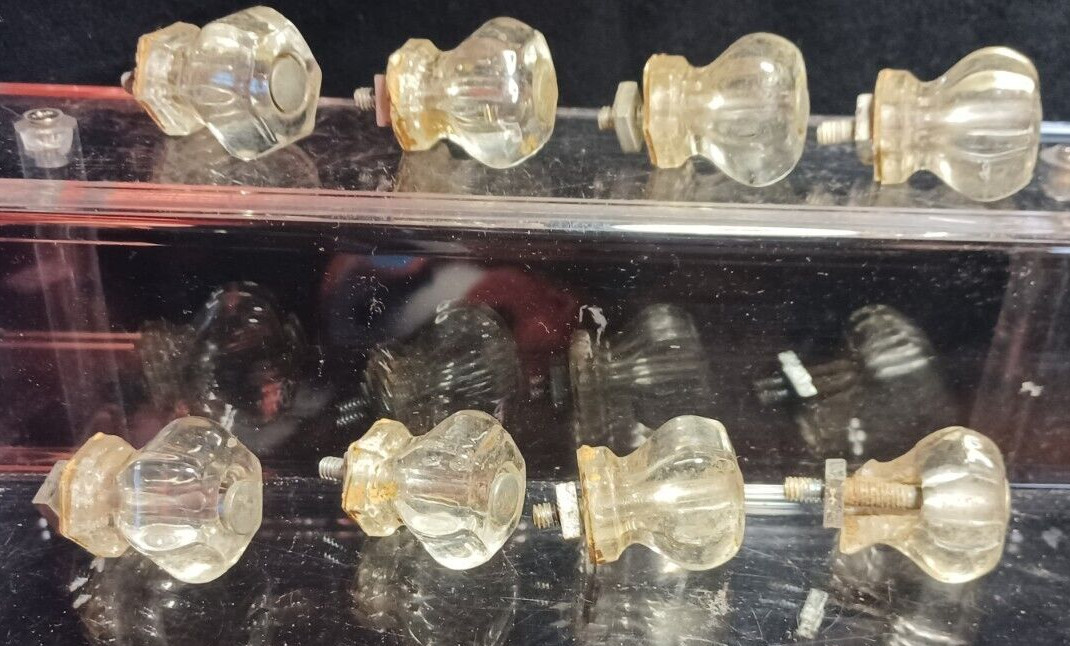 8 Vtg Antique Clear Glass Hexagon Dresser Drawer Cabinet Pulls Knob 1 ” Knobs
