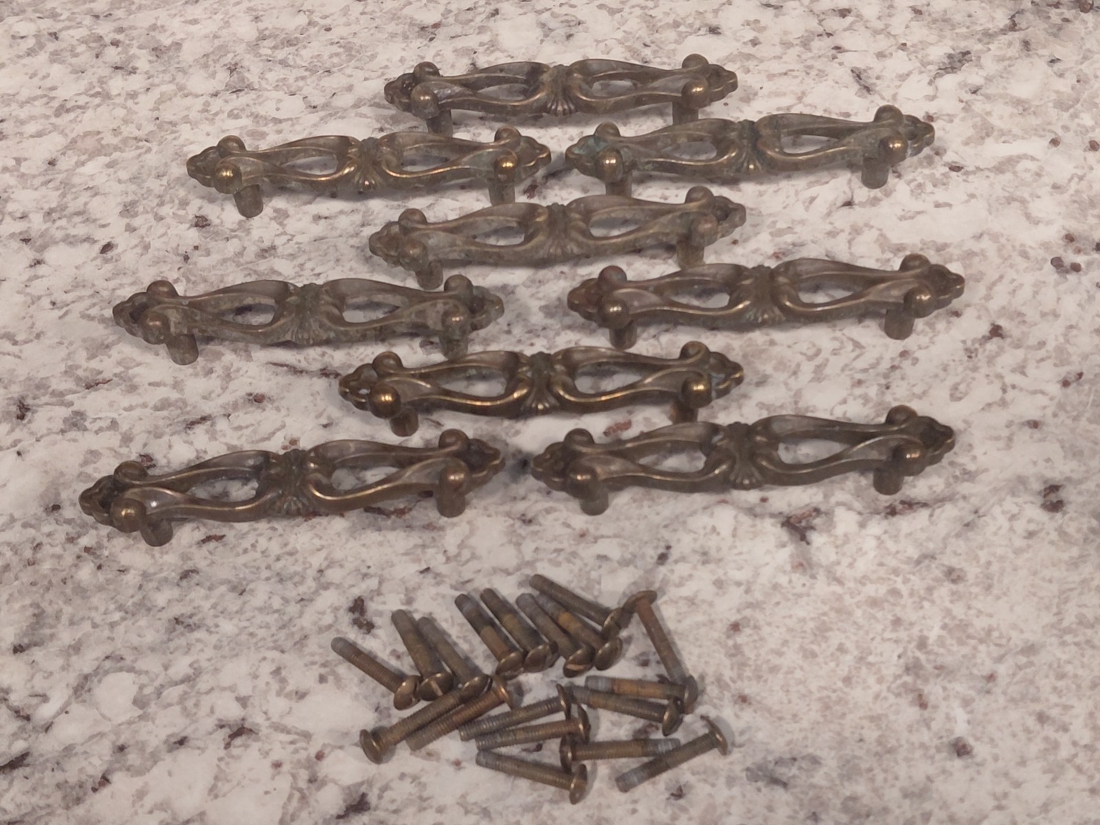 Vintage Ornate Antique Brass Drawer Cabinet Pulls Handles Lot Of 9 With Screws