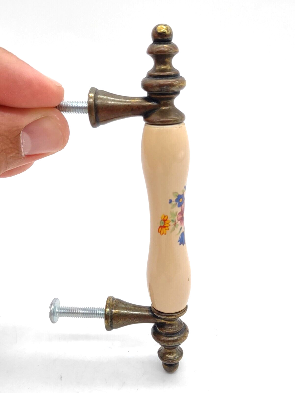 Drawer Pull Handle 1960s Floral on Beige Porcelain w Brass Ends 3″ Centers 1 Vtg