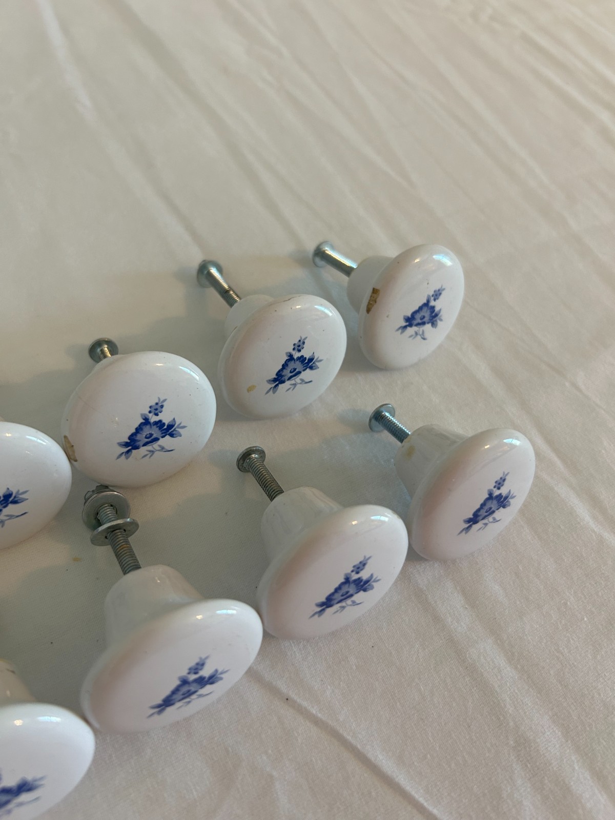 Vintage Porcelain Cabinet Knobs with Blue Floral Design Drawer Pulls Set of 11