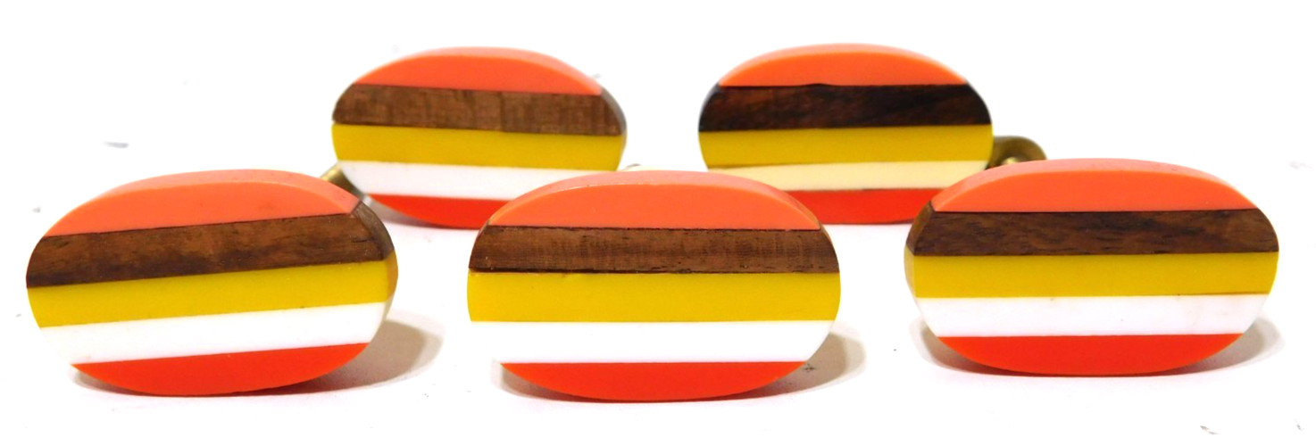 5 MCM Drawer Pulls Oval 1.5″x1″ Red White Yellow Wood Orange Plastic Oval