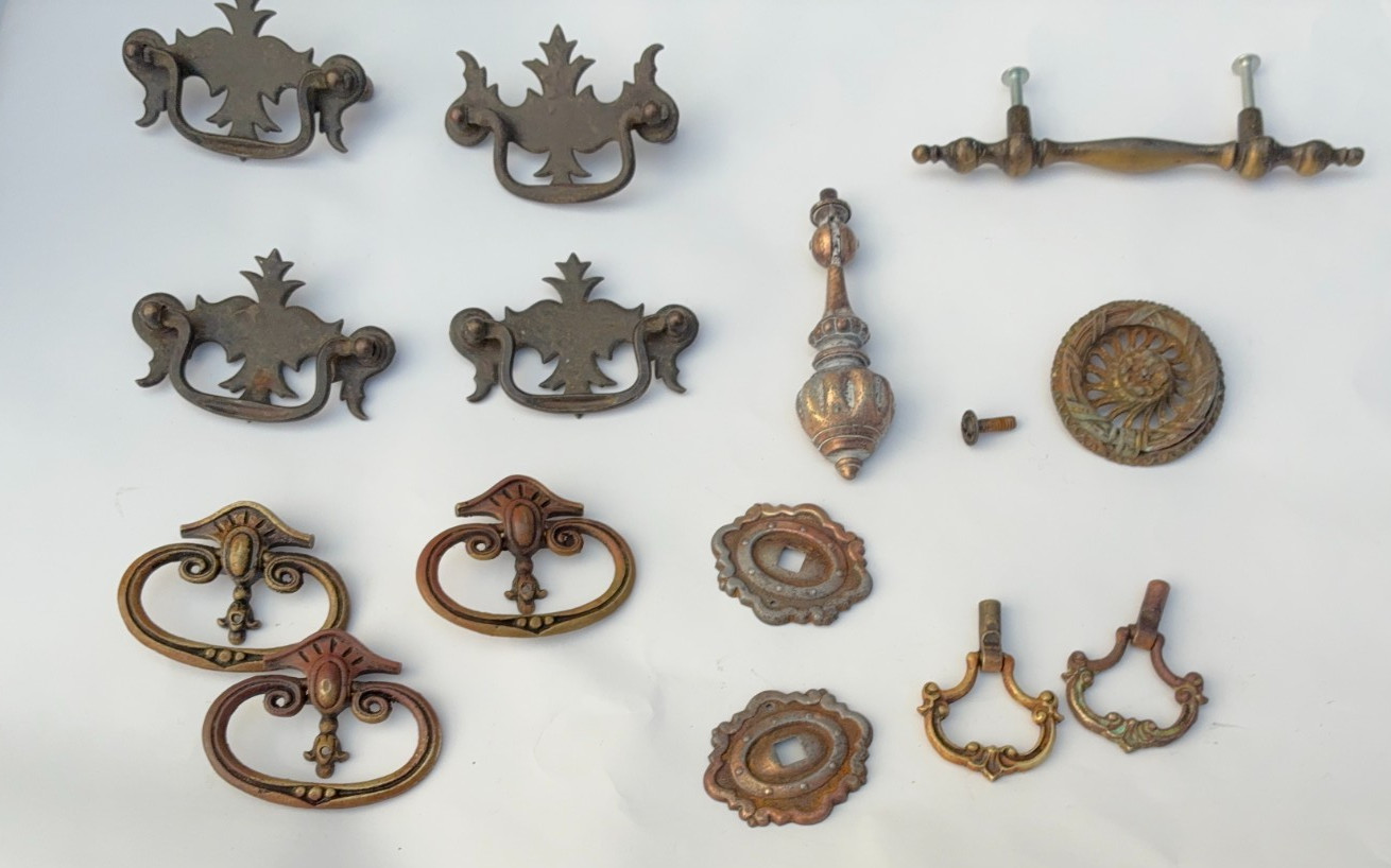 Lot Brass & Metal Pulls Cabinet Handle Mixed Material Distressed Vintage Salvage