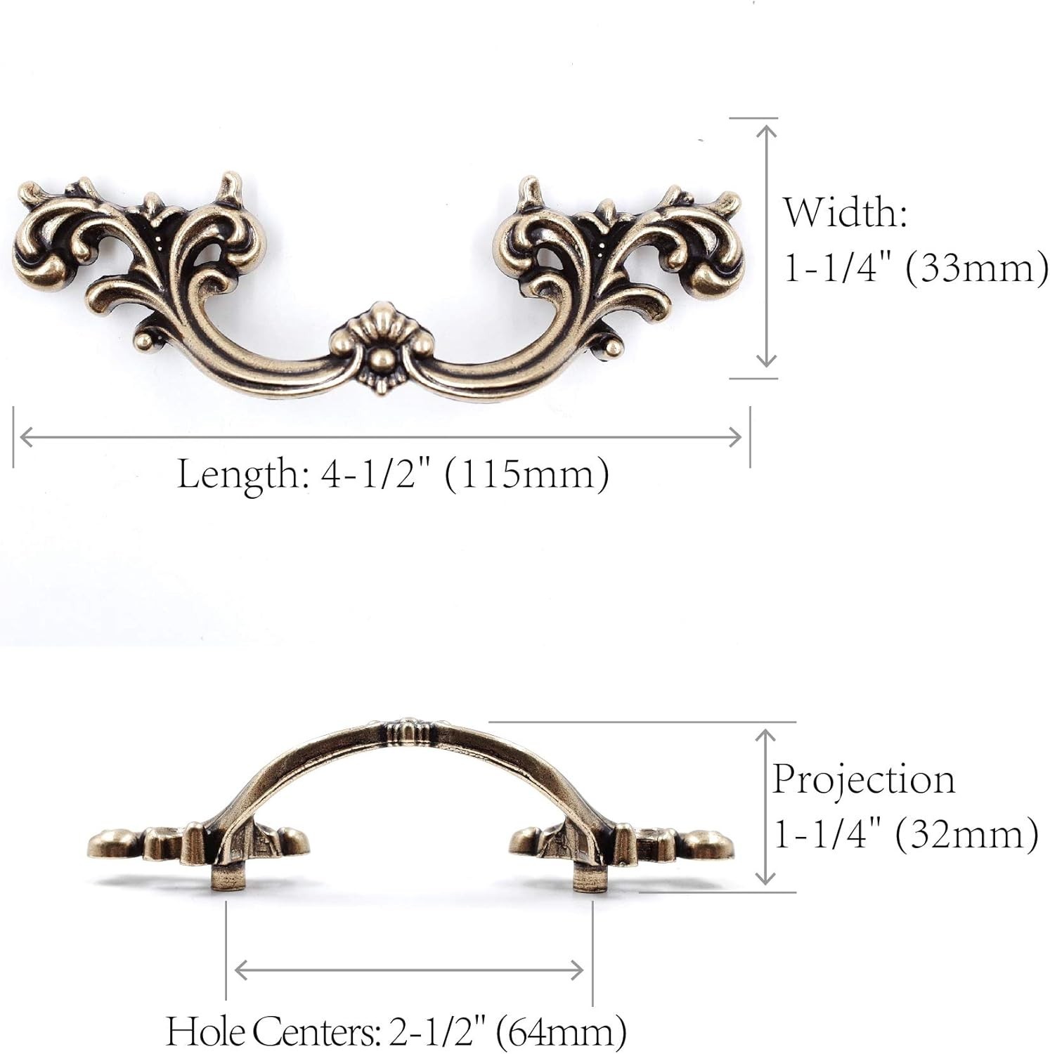 French Provincial Drawer Pulls – 6-Pack, Antique Brass, 2-1/2″ Hole Centers, Vin