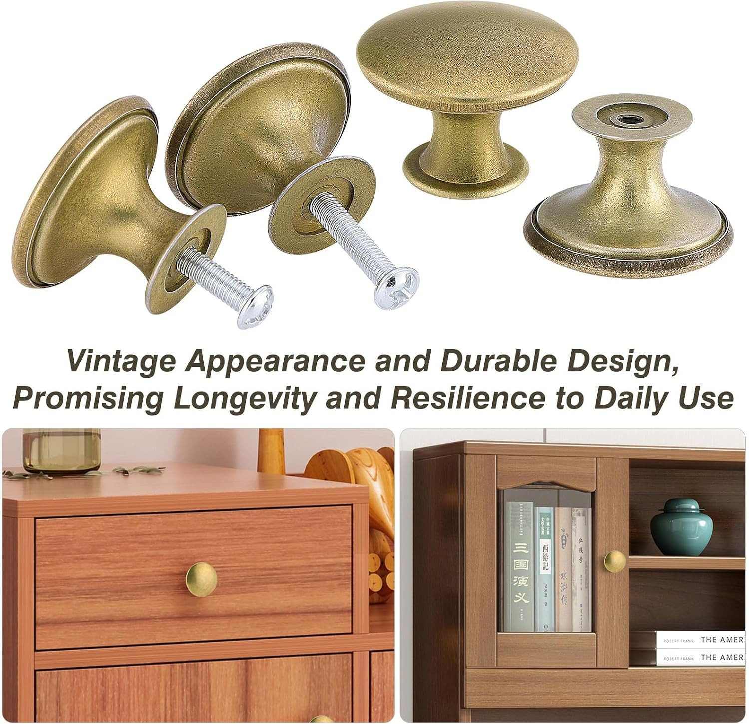 Vintage Cabinet Knobs, 10-Pack Round Drawer Pulls, Antique Brass