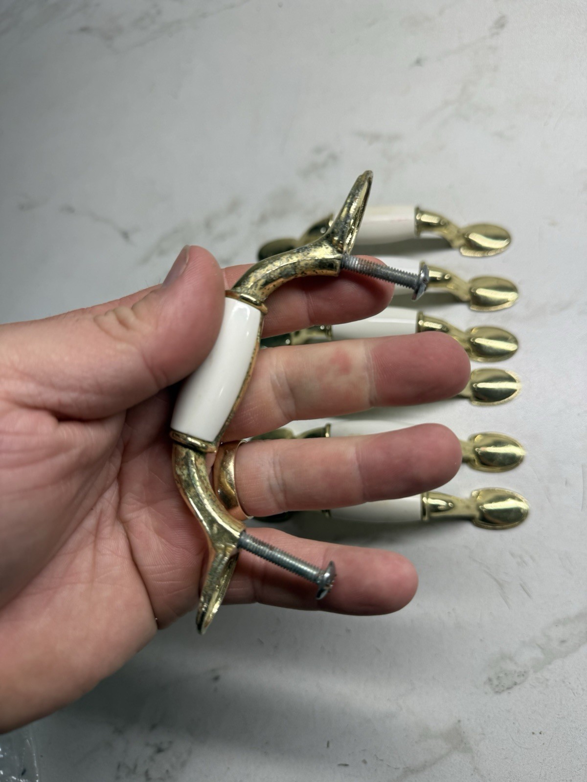 Vintage Drawer Pulls Cabinet Handles Set of 7 Beige Ceramic Center 3”
