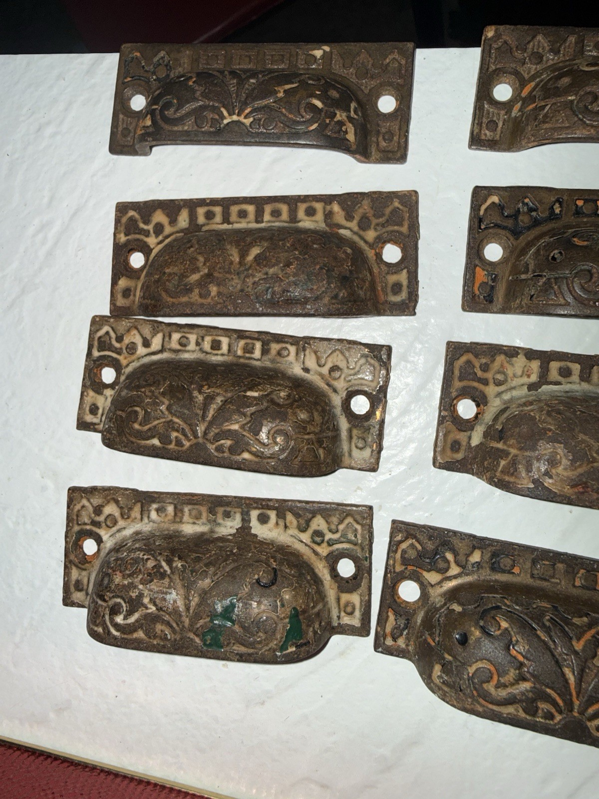 8 vintage VICTORIAN Art NOUVEAU cast IRON Eastlake CABINET drawer PULLS handles