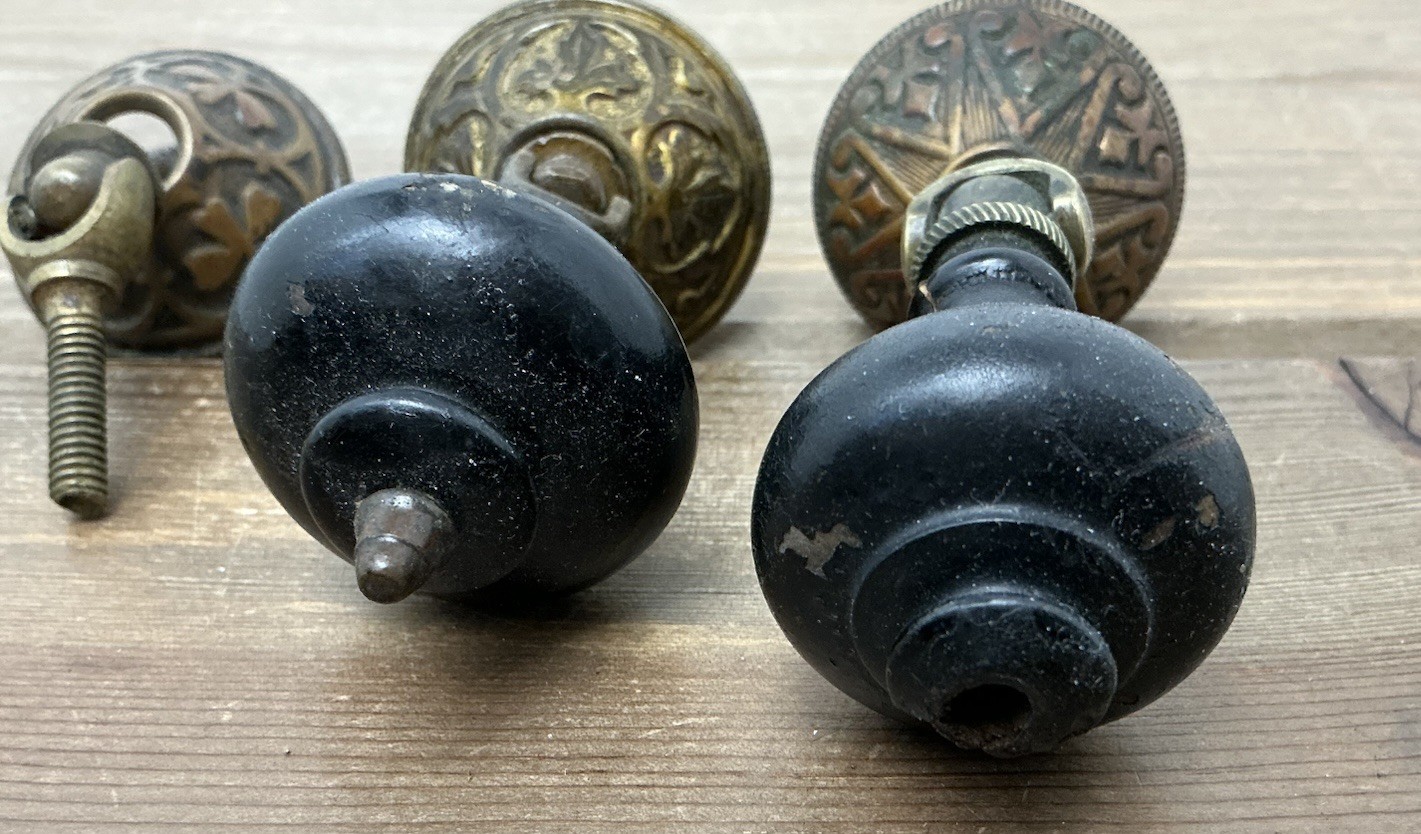 2 Antique Drop Drawer Pulls, Parts Brass Black Wood Teardrop Victorian/Edwardian